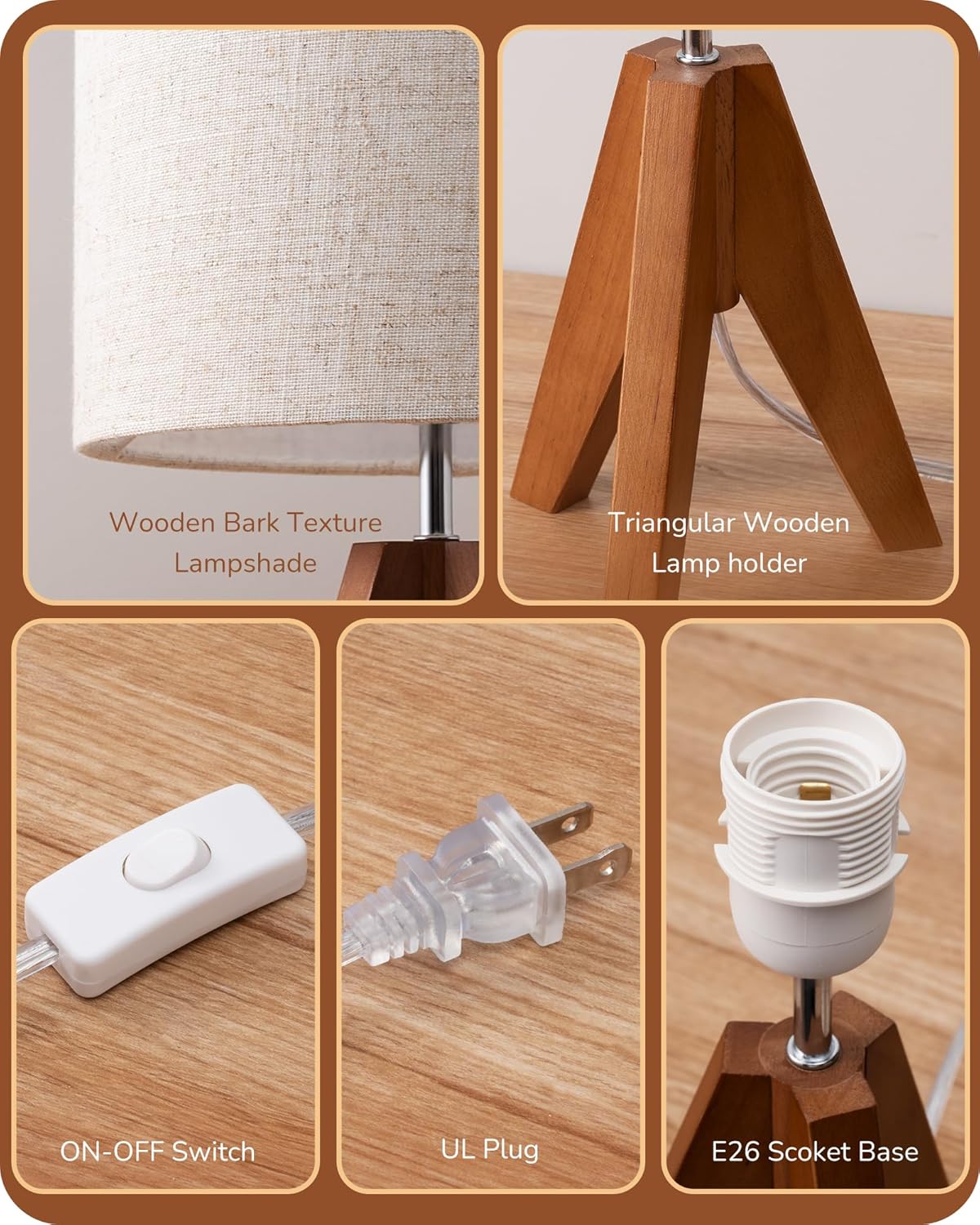 EDISHINE | Modern Wooden Tripod Table Lamp with Linen Shade