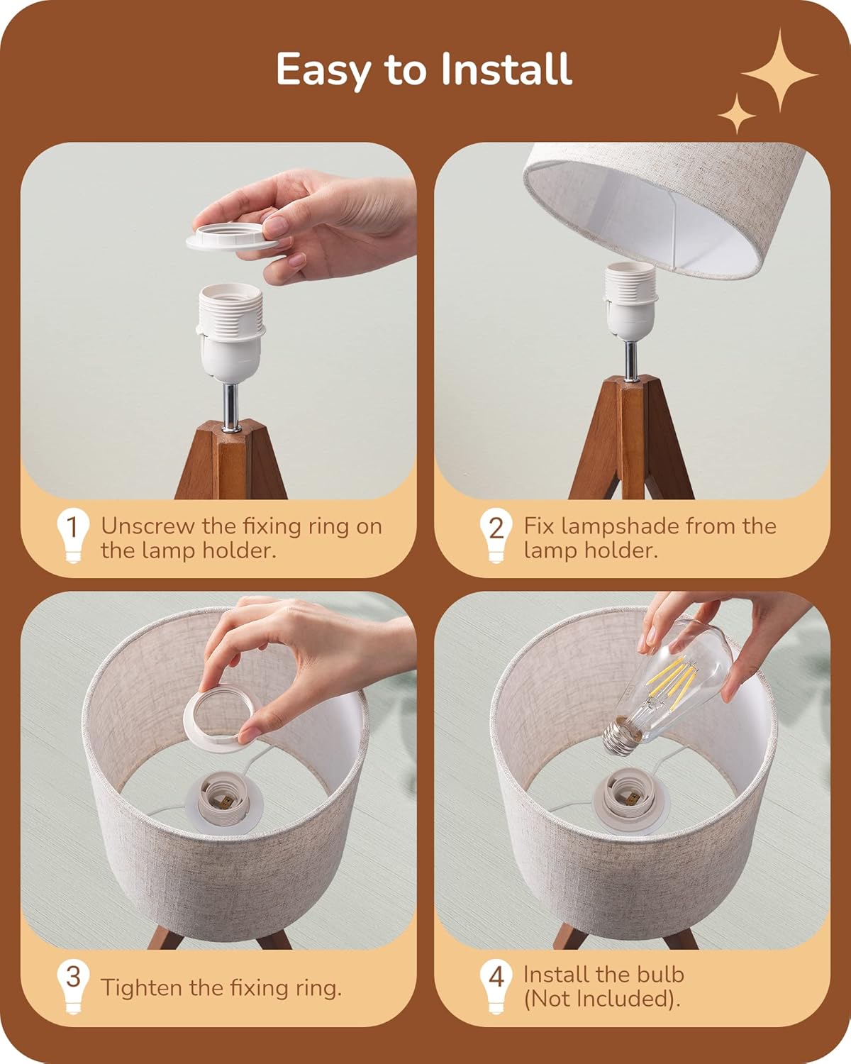 EDISHINE | Modern Wooden Tripod Table Lamp with Linen Shade