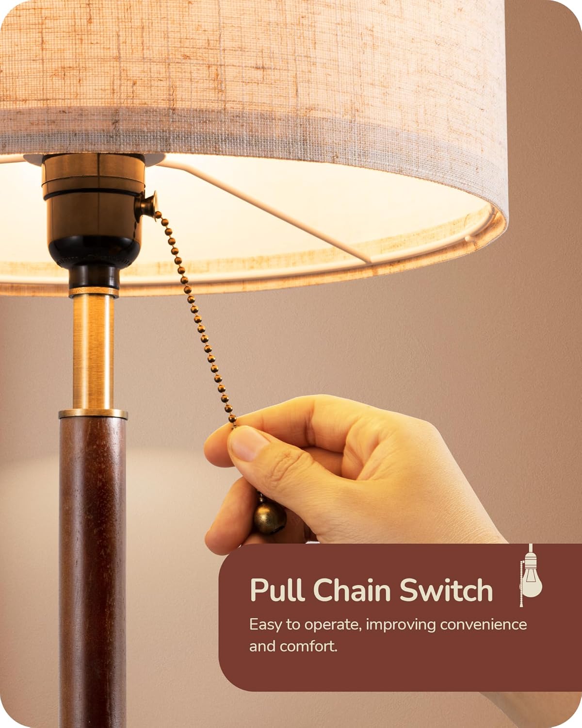EDISHINE | Mid-Century Solid Wood Table Lamp with Pull-Chain