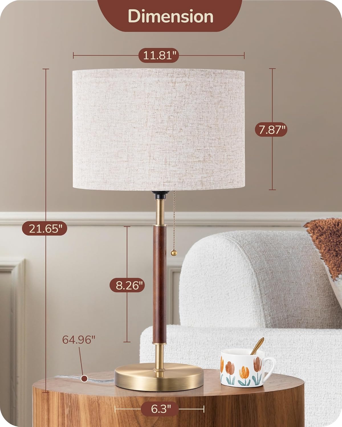 EDISHINE | Mid-Century Solid Wood Table Lamp with Pull-Chain