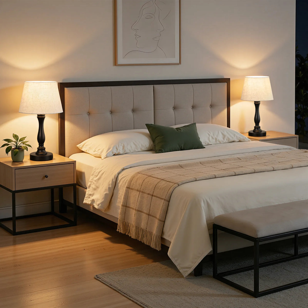 Modern Silver Touch-Control Table Lamp with Dual USB Ports & Linen Shade