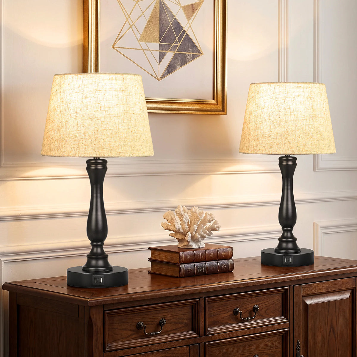 Modern Silver Touch-Control Table Lamp with Dual USB Ports & Linen Shade