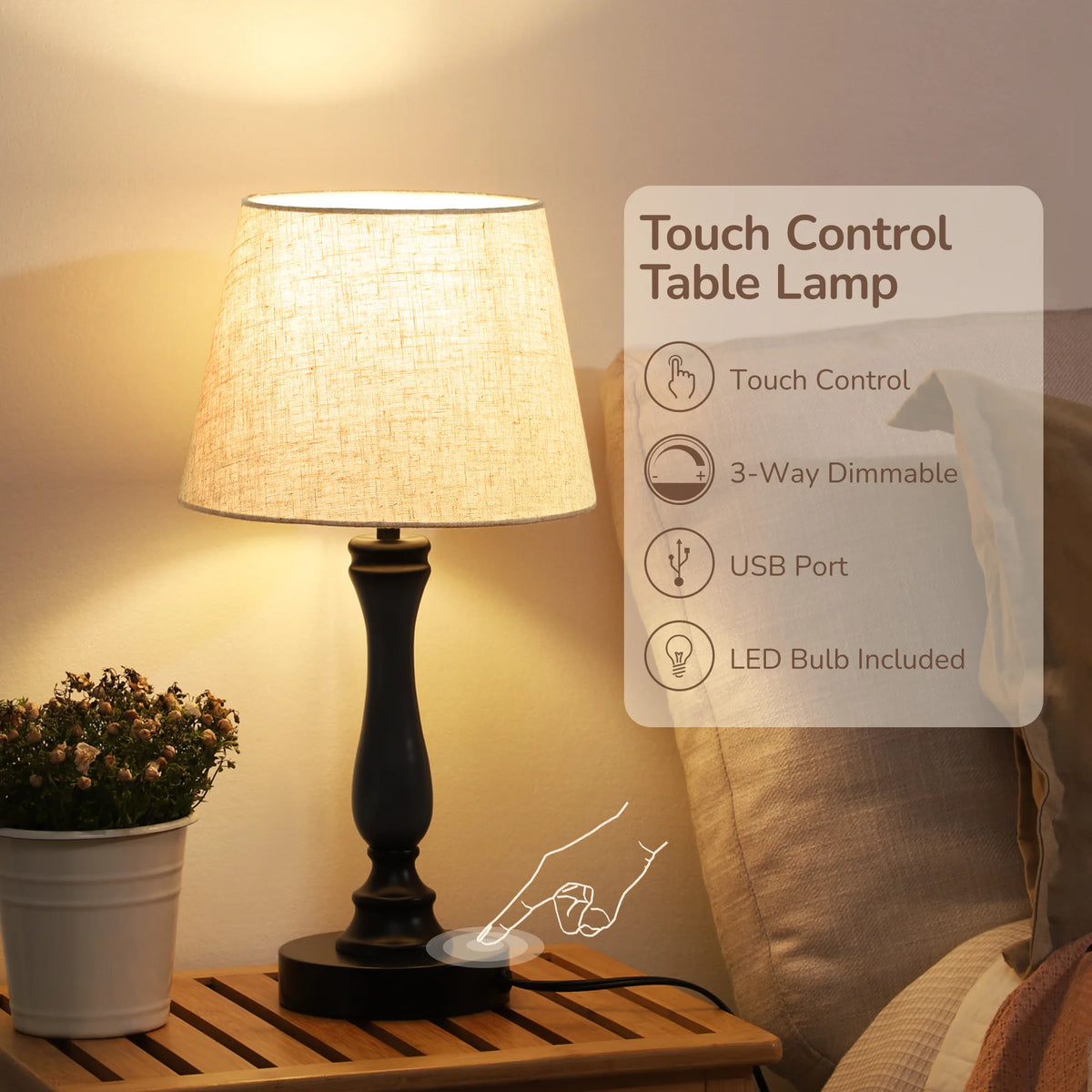 Modern Silver Touch-Control Table Lamp with Dual USB Ports & Linen Shade