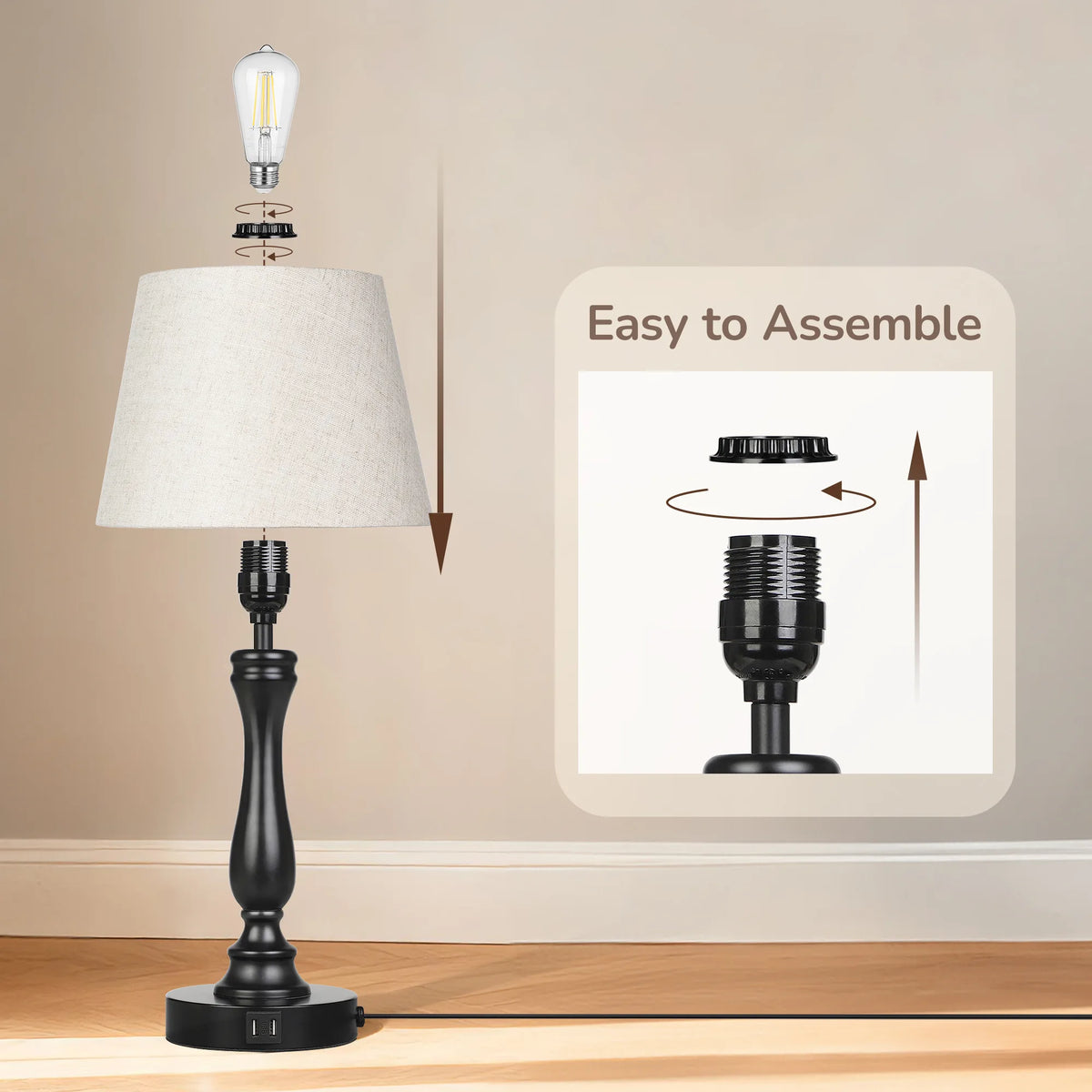 Modern Silver Touch-Control Table Lamp with Dual USB Ports & Linen Shade