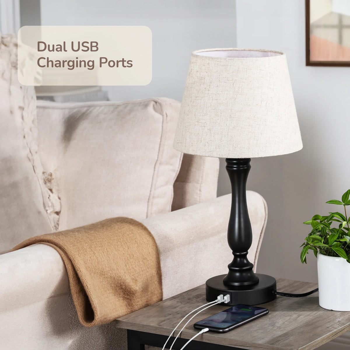 Modern Silver Touch-Control Table Lamp with Dual USB Ports & Linen Shade