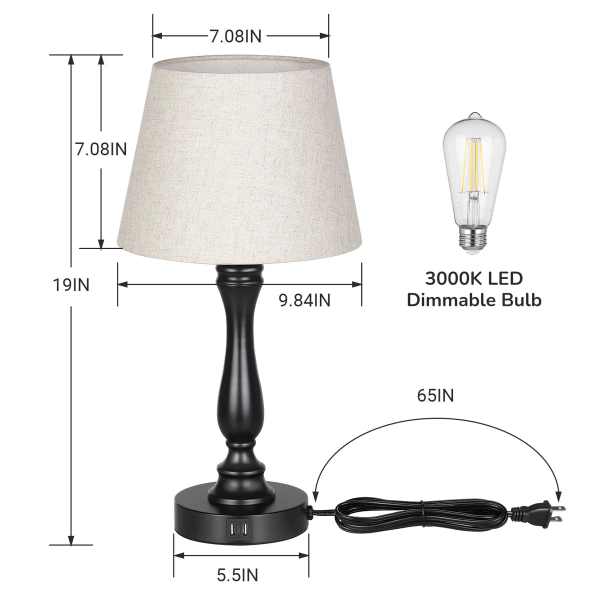 EDISHINE | Touch-Control Black Table Lamp with Dual USB Ports