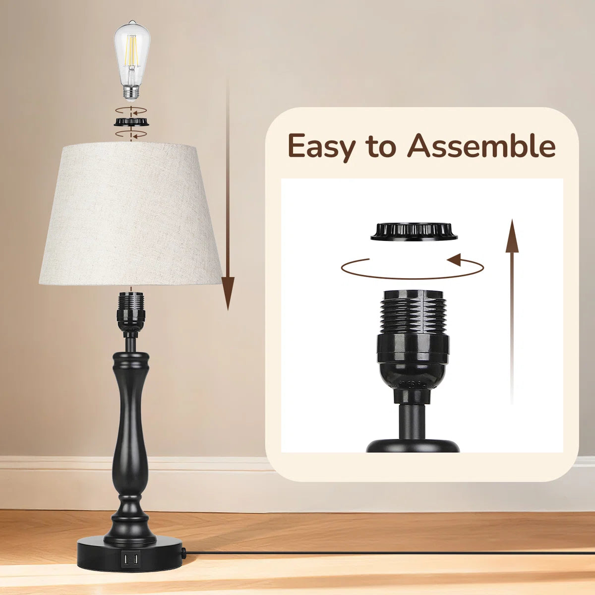 EDISHINE | Touch-Control Black Table Lamp with Dual USB Ports