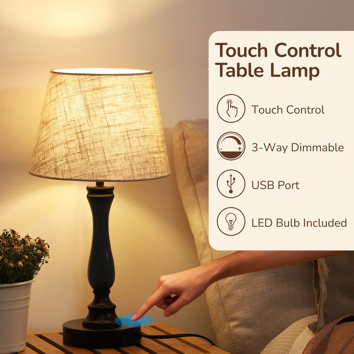 EDISHINE | Touch-Control Black Table Lamp with Dual USB Ports