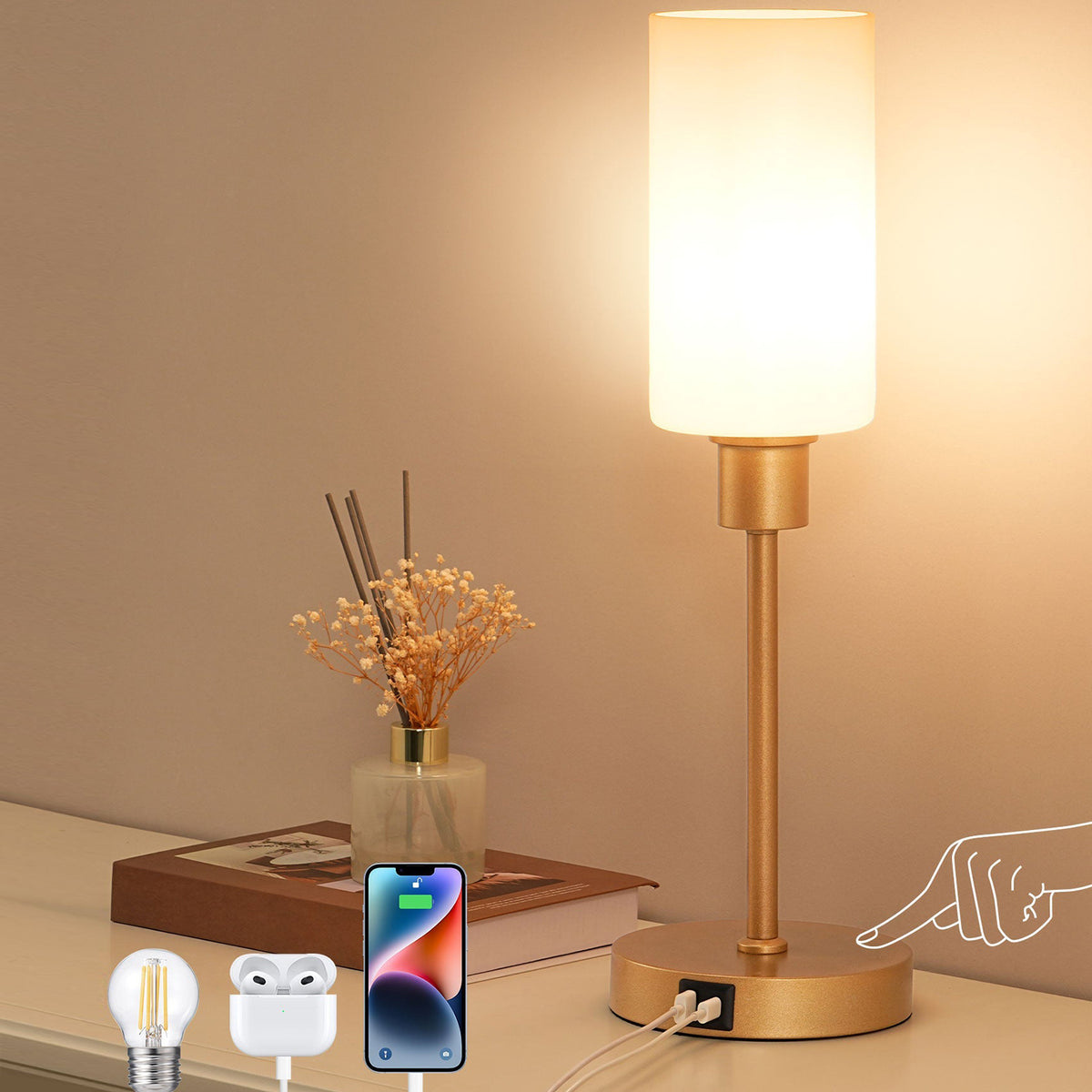 EDISHINE 19" Gold Glass Table Lamp with Touch Control-HLTL08B
