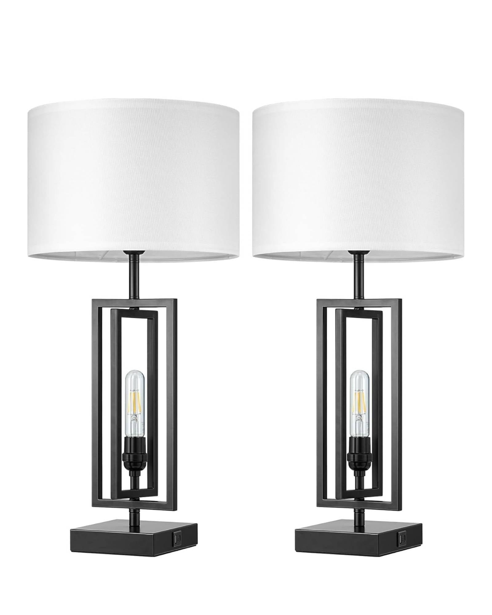 Modern Farmhouse Table Lamps with Dimmable Night Light & USB Ports - Set of 2