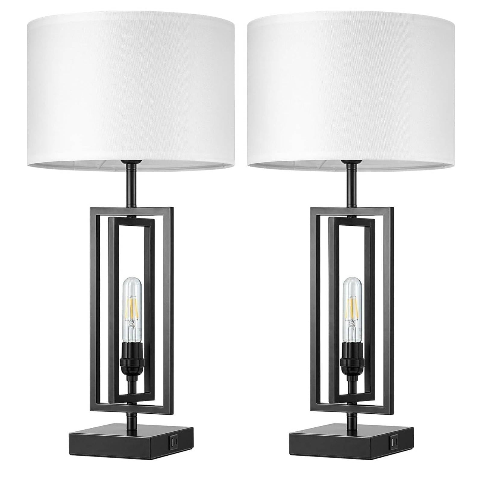 Modern Farmhouse Table Lamps with Dimmable Night Light & USB Ports - Set of 2