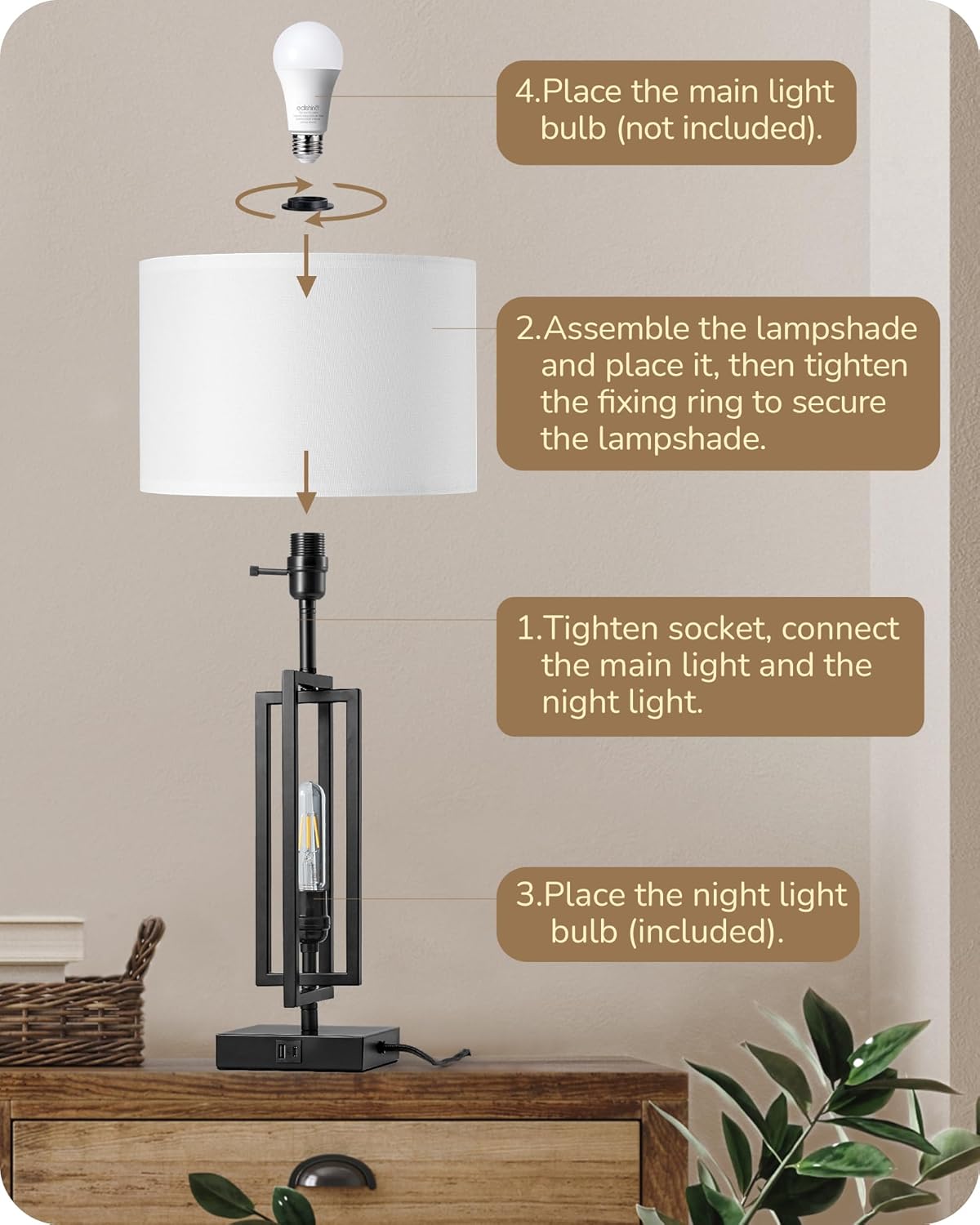 Modern Farmhouse Table Lamps with Dimmable Night Light & USB Ports - Set of 2