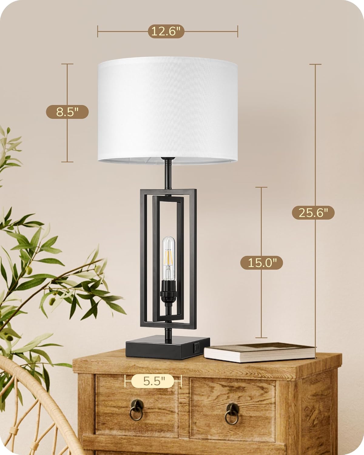 Modern Farmhouse Table Lamps with Dimmable Night Light & USB Ports - Set of 2