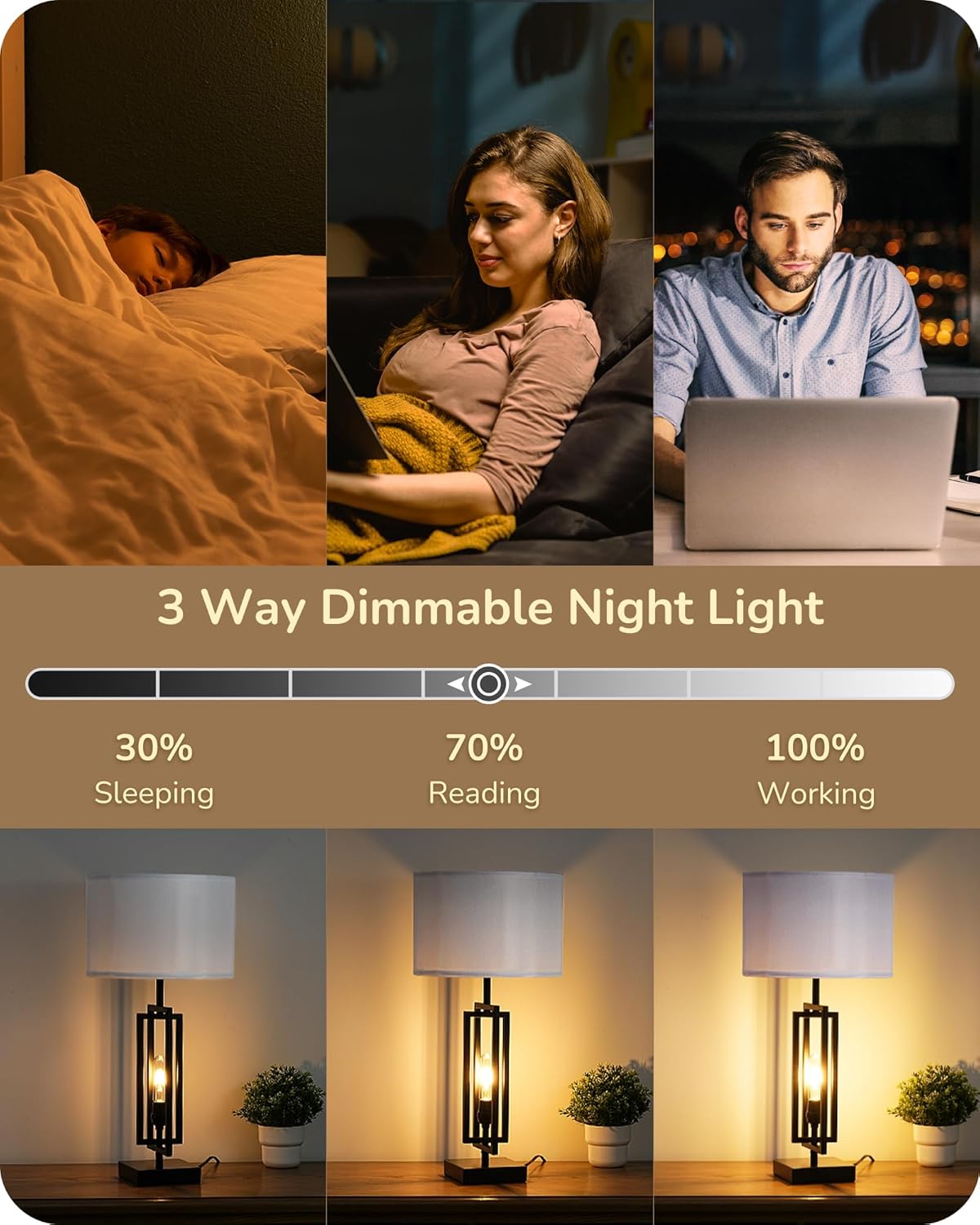 Modern Farmhouse Table Lamps with Dimmable Night Light & USB Ports - Set of 2