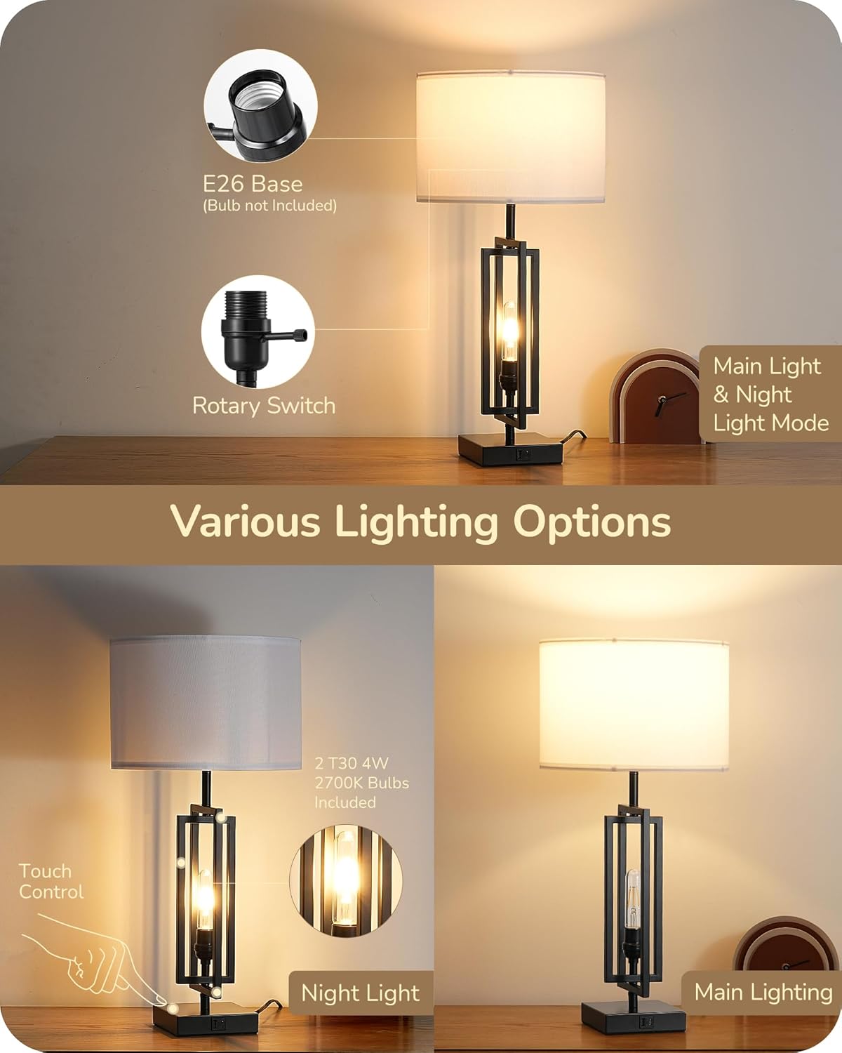 Modern Farmhouse Table Lamps with Dimmable Night Light & USB Ports - Set of 2