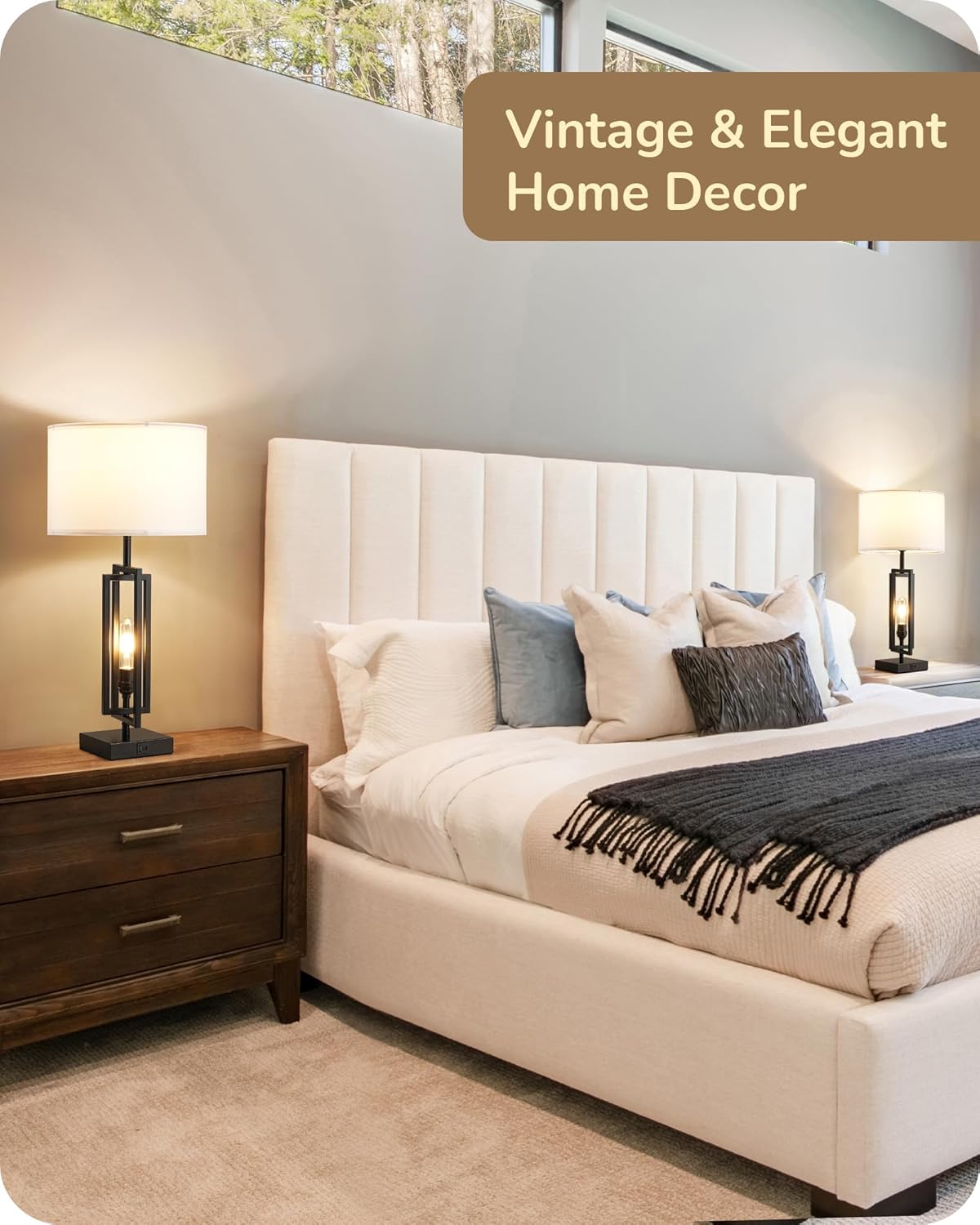 Modern Farmhouse Table Lamps with Dimmable Night Light & USB Ports - Set of 2