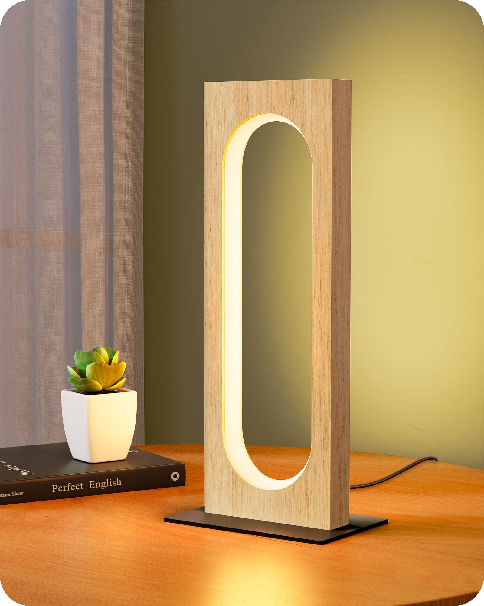 EDISHINE LED Table Lamp, 3 Color Temperatures, Dimmable, Touch Control,Memory Function, Original Wood Color-HLTL12H
