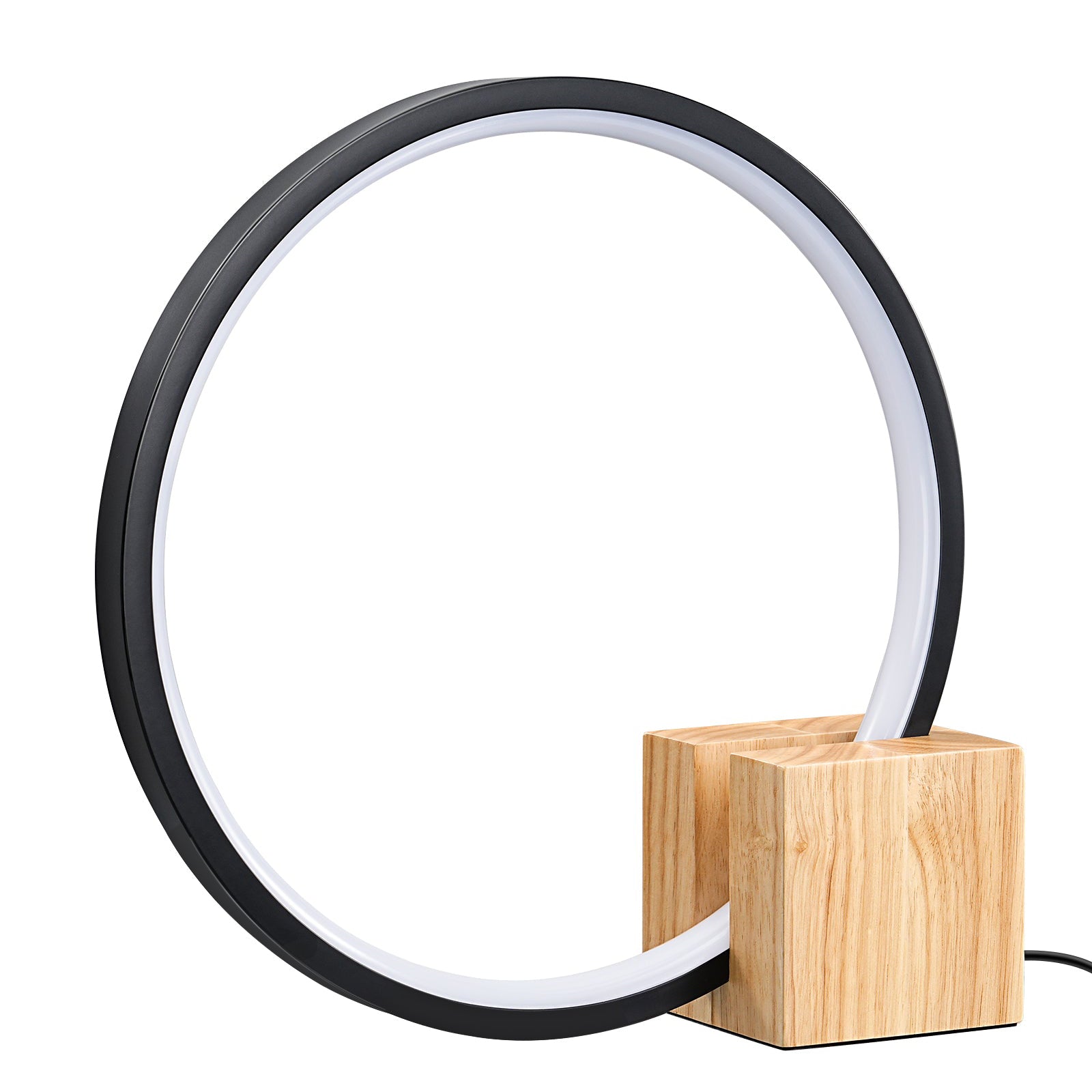 Modern O-Shaped LED Table Lamp with Solid Wood Base