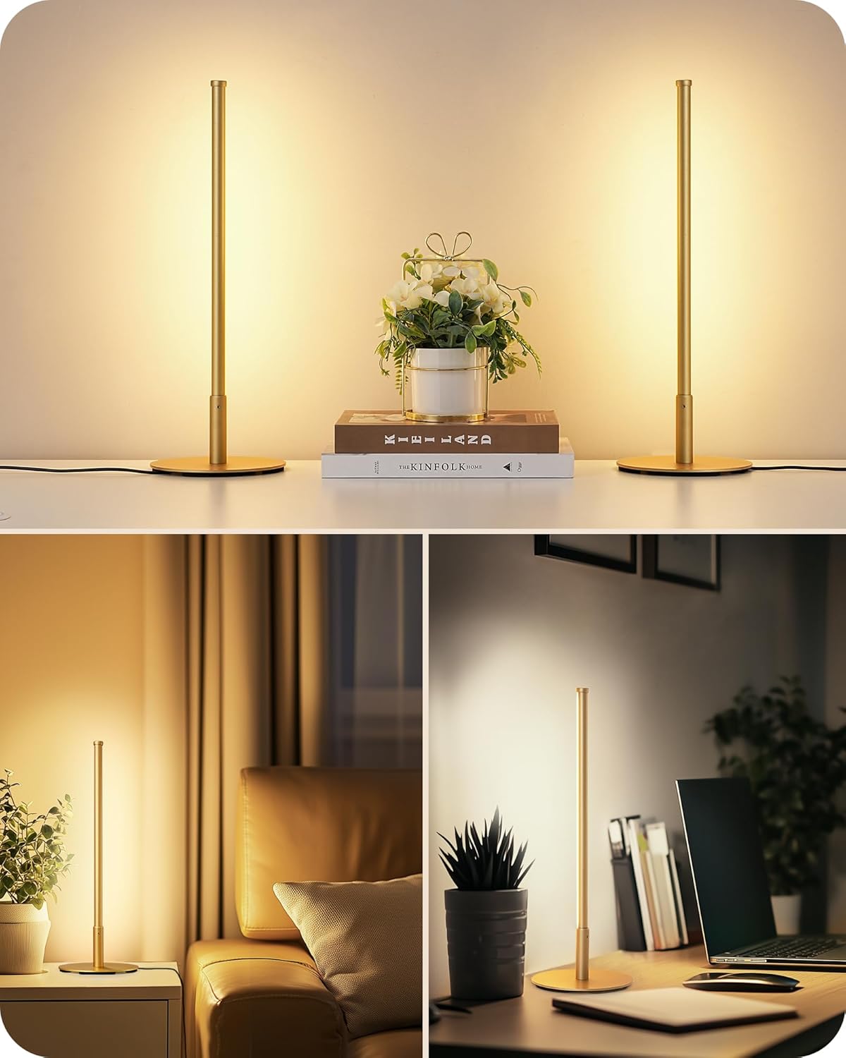 EDISHINE | Modern Minimalist Dimmable LED Table Lamp Set (Gold)