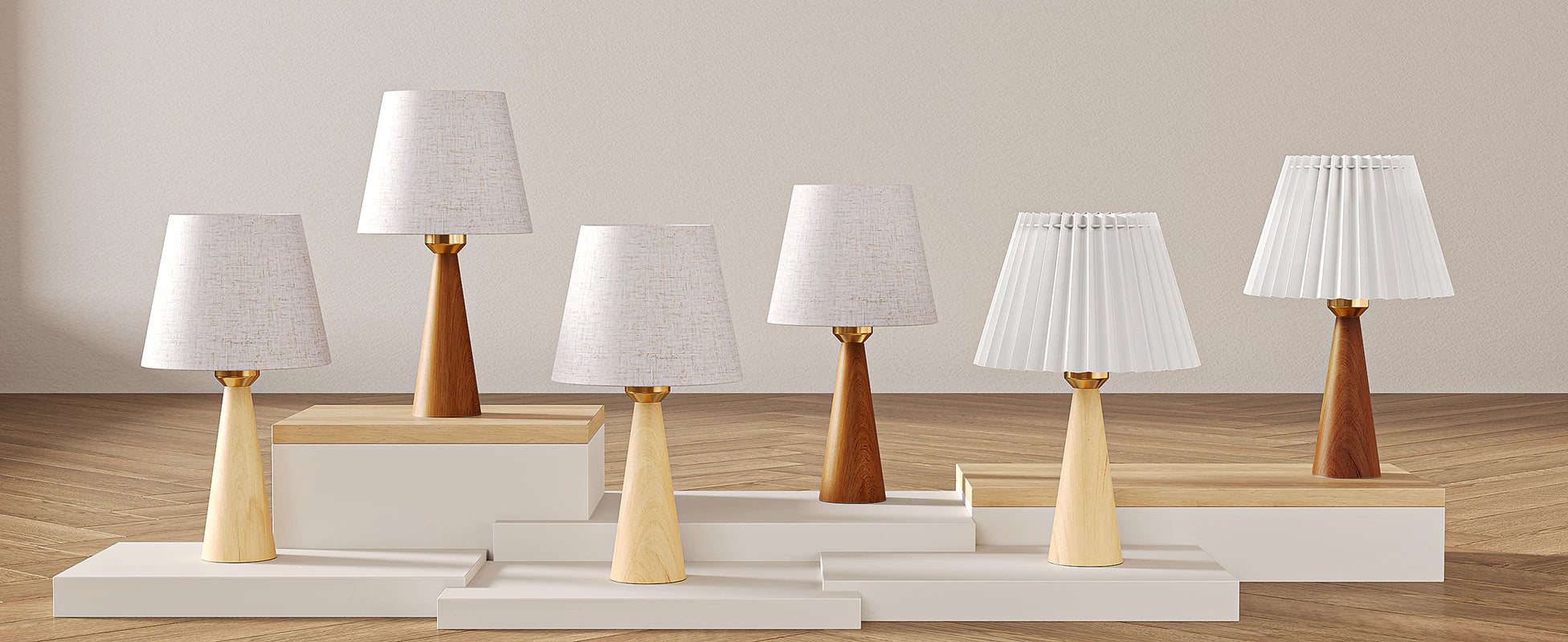 Set of six table lamps with wooden bases and white lampshades on a wooden surface.