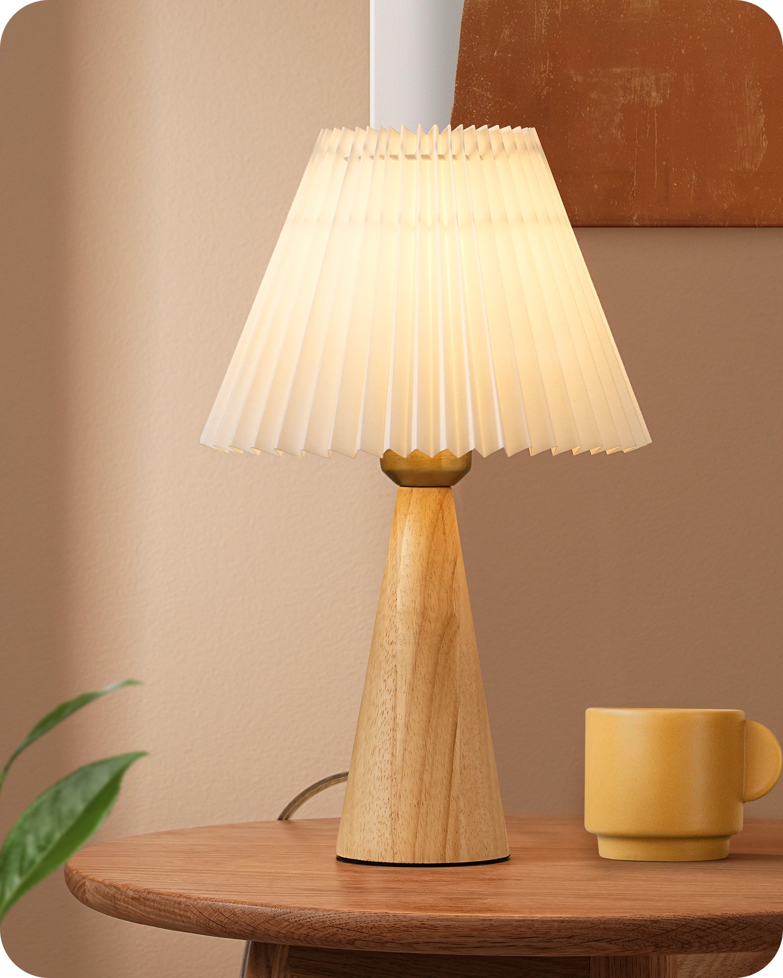 EDISHINE 13.58" Small Table Lamp, with White Pleated Lampshade, ON-OFF Switch, E26 Socket, Burlywood Base-HLTL15E
