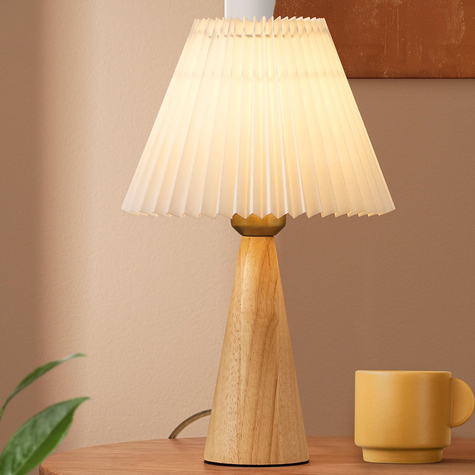 Modern Compact Wooden Table Lamp with White Pleated Shade
