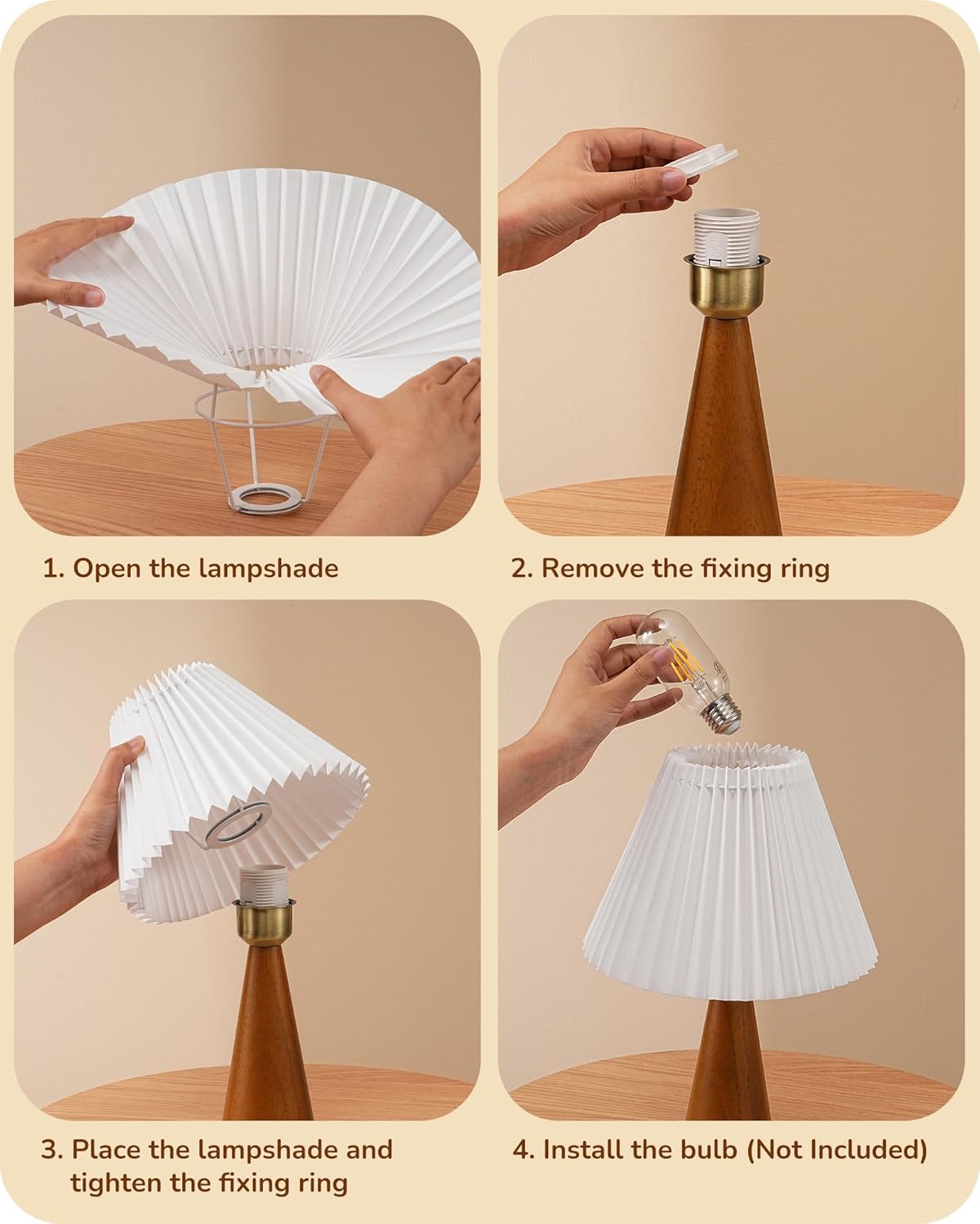 EDISHINE | Modern Compact Wooden Table Lamp with White Pleated Shade