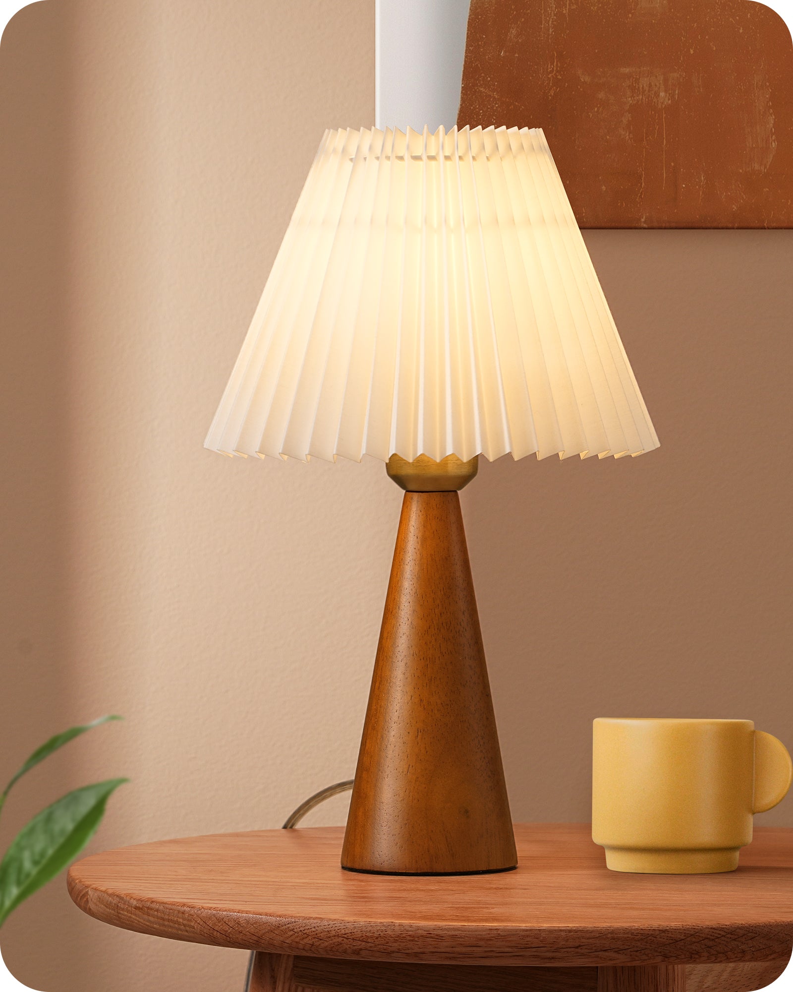 EDISHINE 13.58" Small Table Lamp, with White Pleated Lampshade, ON-OFF Switch, E26 Socket, Dark Rosewood Base-HLTL15F
