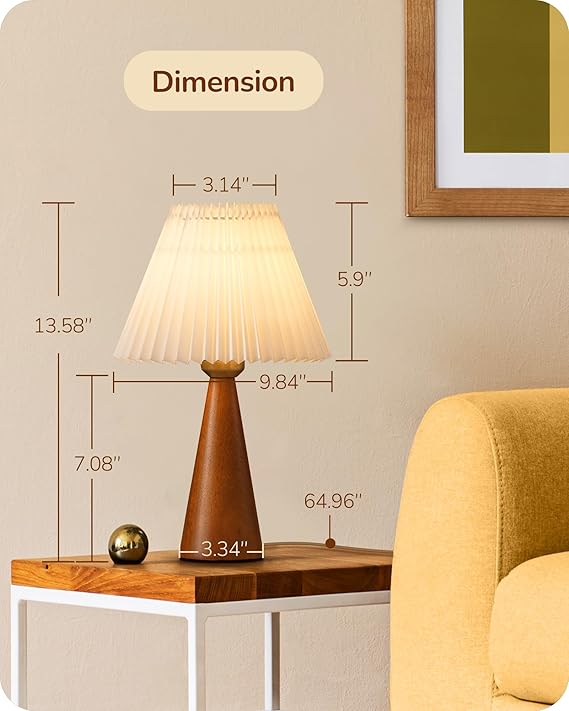 EDISHINE | Modern Compact Wooden Table Lamp with White Pleated Shade