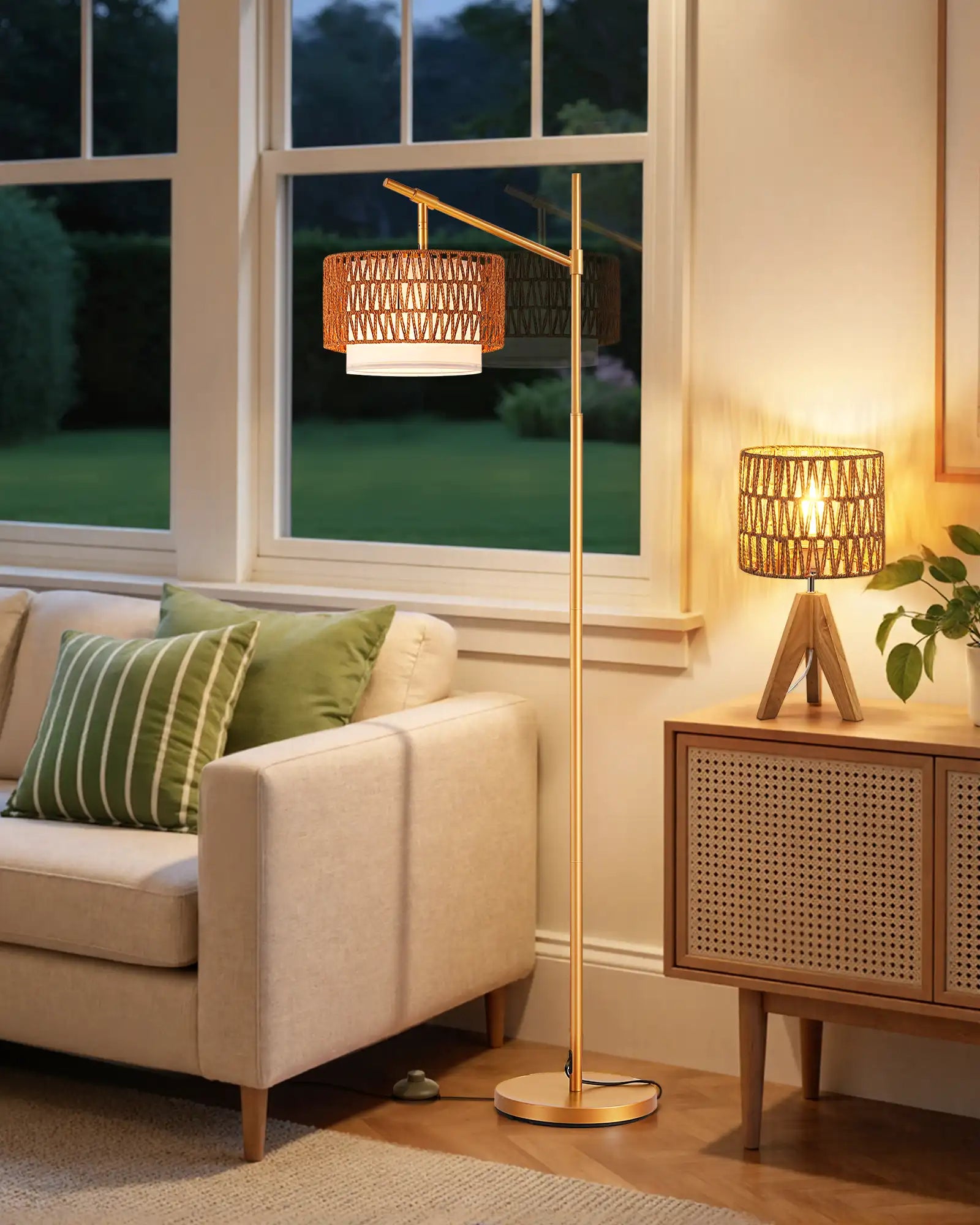 Farmhouse Rattan Arc Floor Lamp with Dual Shades & Remote