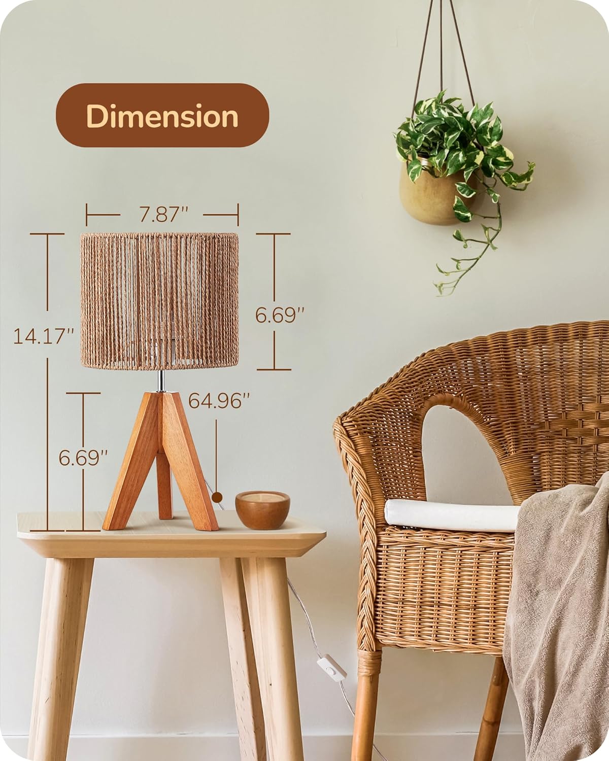 EDISHINE | Boho Rattan Tripod Table Lamp with Vertical Stripe Woven Shade & Solid Wood Base