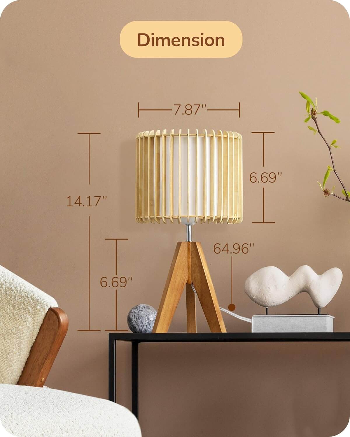 EDISHINE | Minimalist Wood Tripod Table Lamp with Slatted Wood Panel Shade