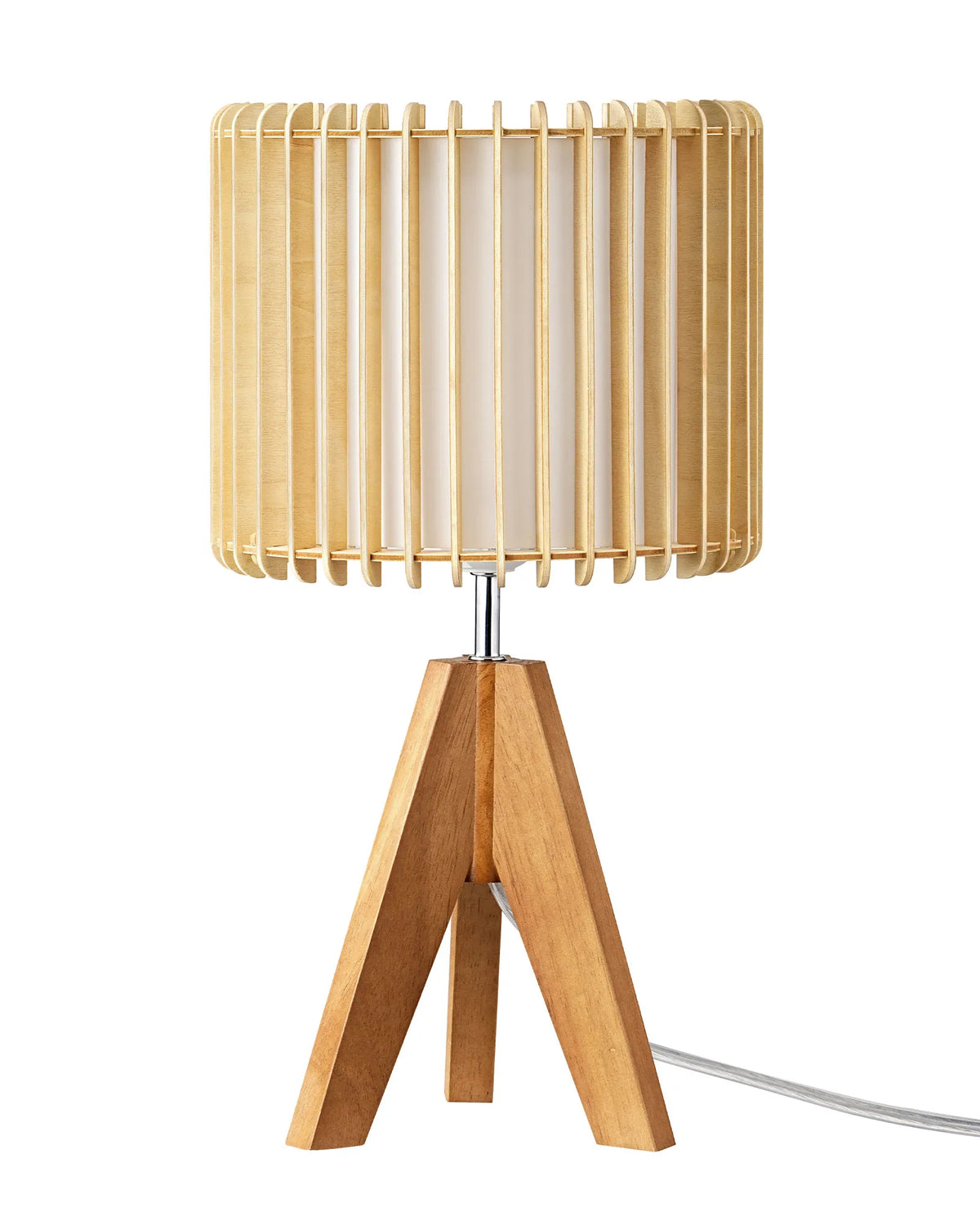 Boho Rattan Tripod Table Lamp with Vertical Stripe Woven Shade & Solid Wood Base