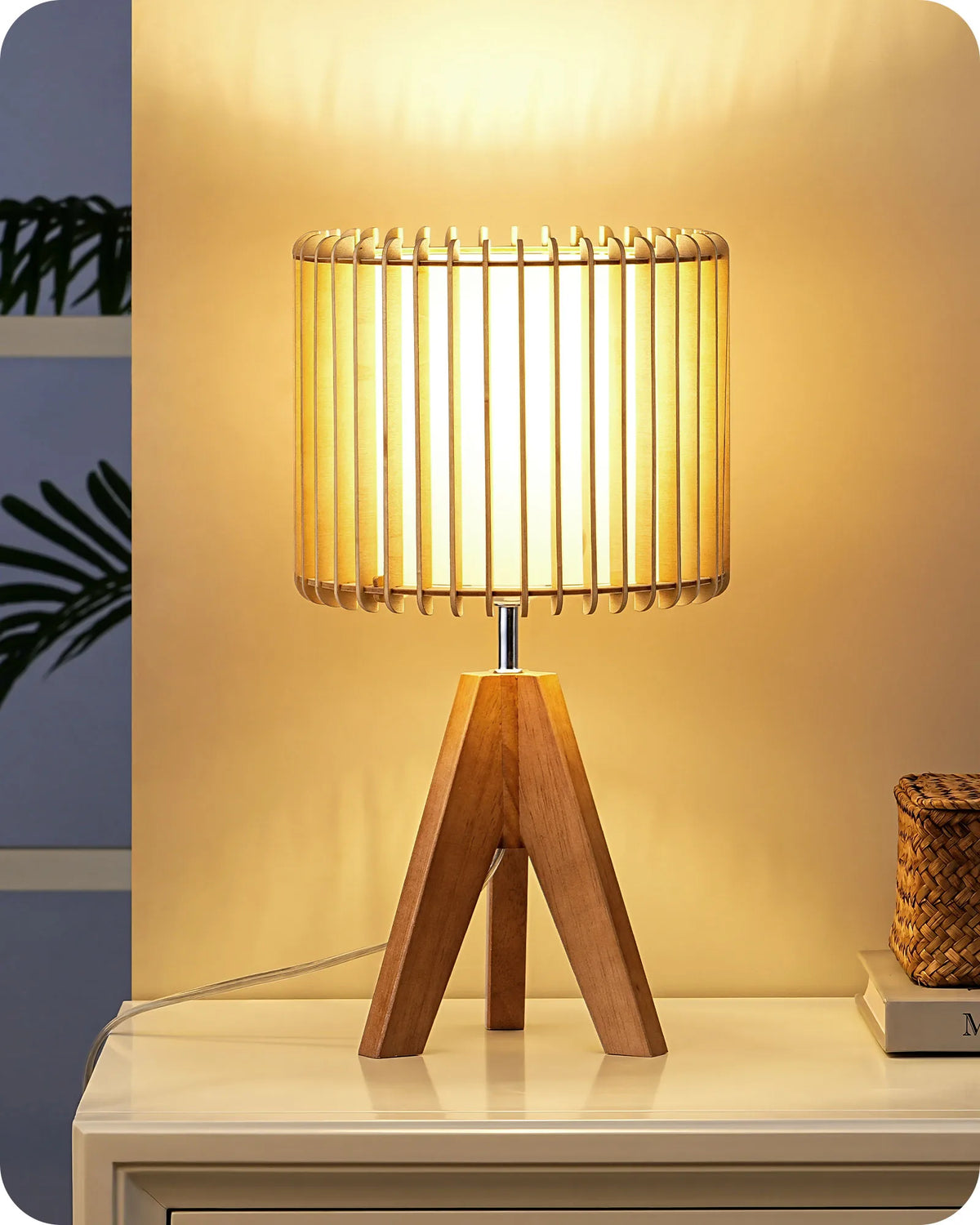 Boho Rattan Tripod Table Lamp with Vertical Stripe Woven Shade & Solid Wood Base