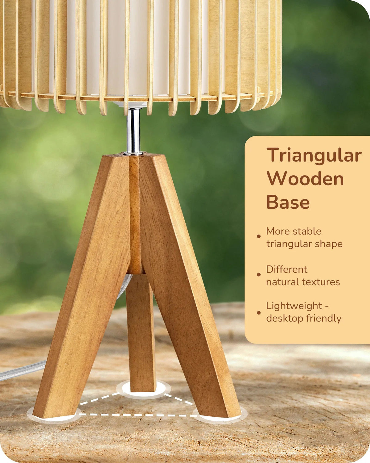 Boho Rattan Tripod Table Lamp with Vertical Stripe Woven Shade & Solid Wood Base
