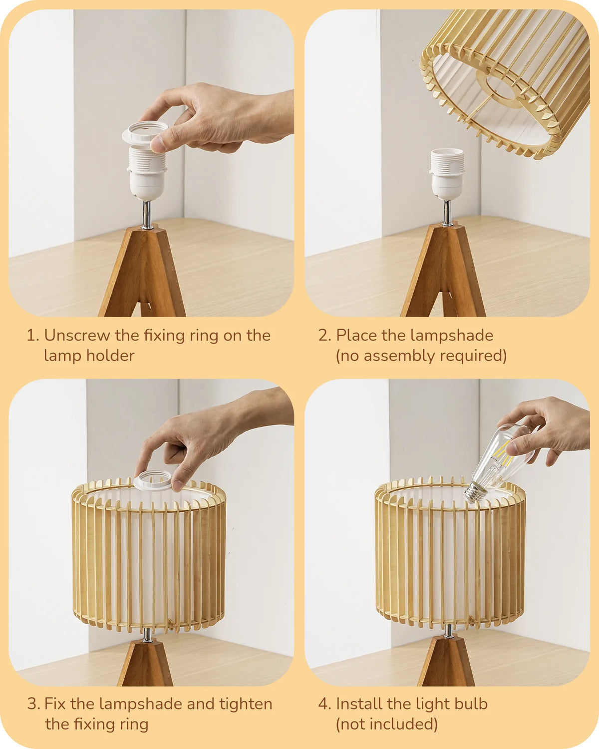 Boho Rattan Tripod Table Lamp with Vertical Stripe Woven Shade & Solid Wood Base