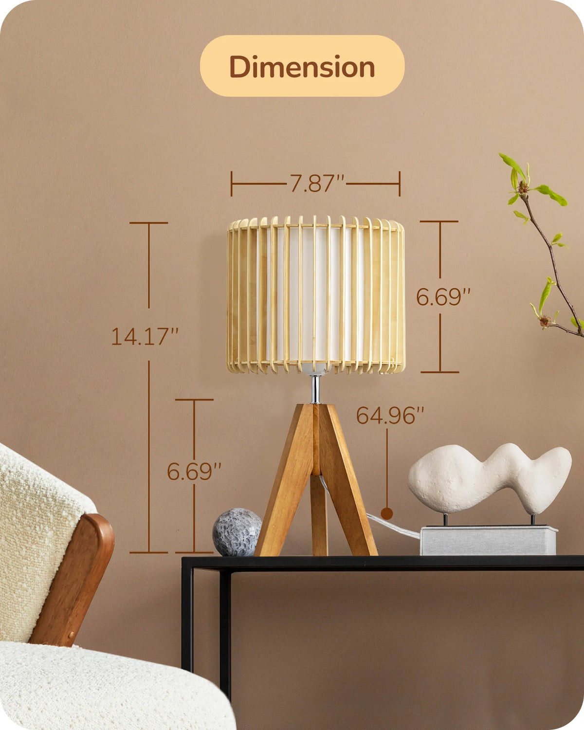 Boho Rattan Tripod Table Lamp with Vertical Stripe Woven Shade & Solid Wood Base
