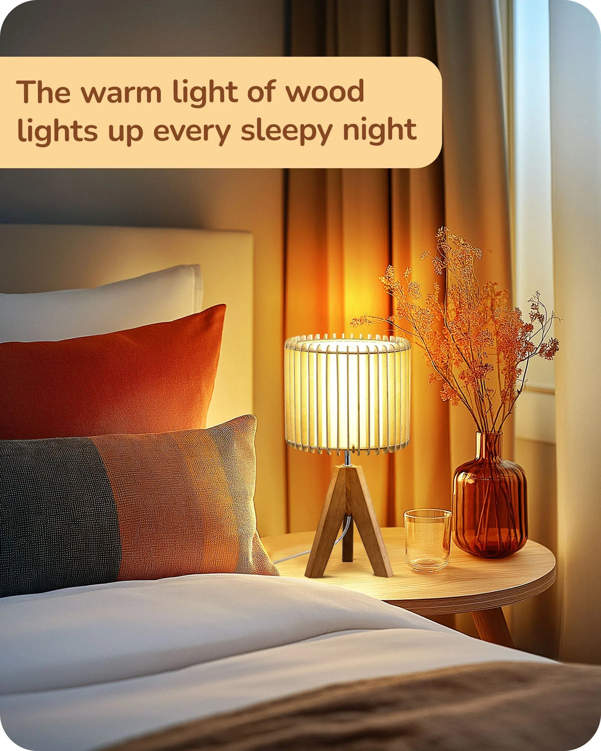 Boho Rattan Tripod Table Lamp with Vertical Stripe Woven Shade & Solid Wood Base