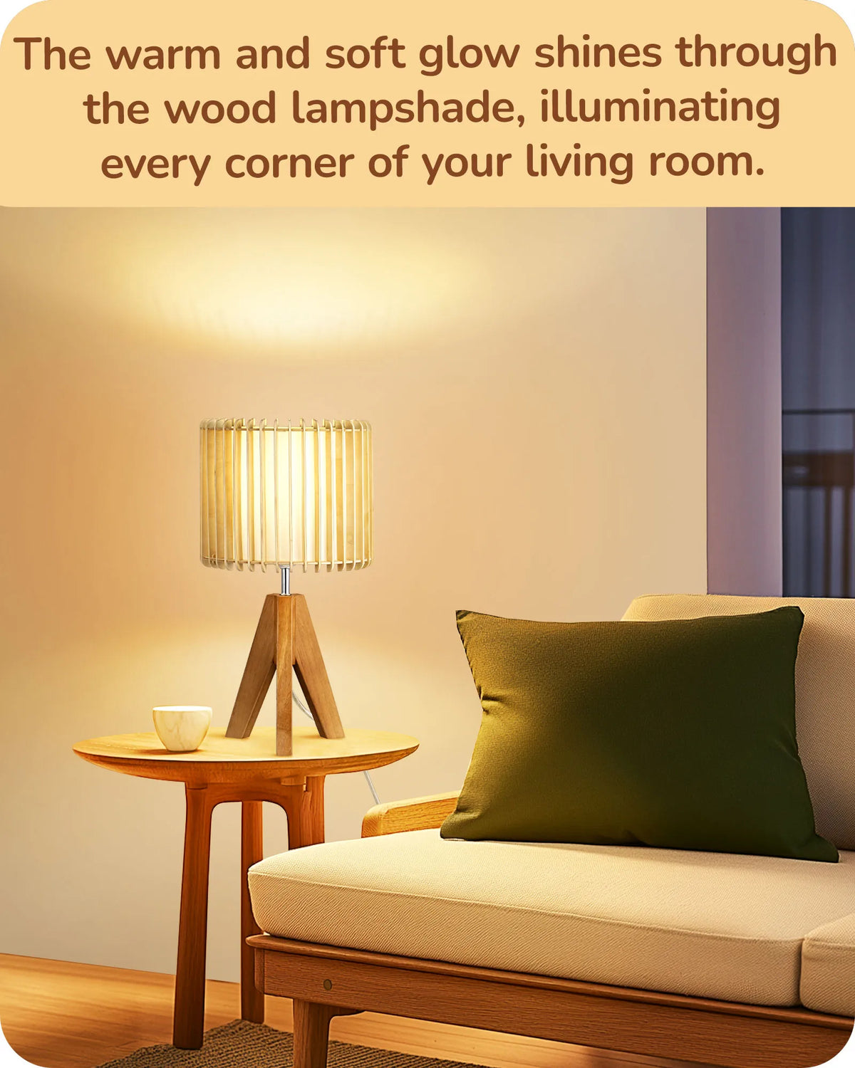 Boho Rattan Tripod Table Lamp with Vertical Stripe Woven Shade & Solid Wood Base