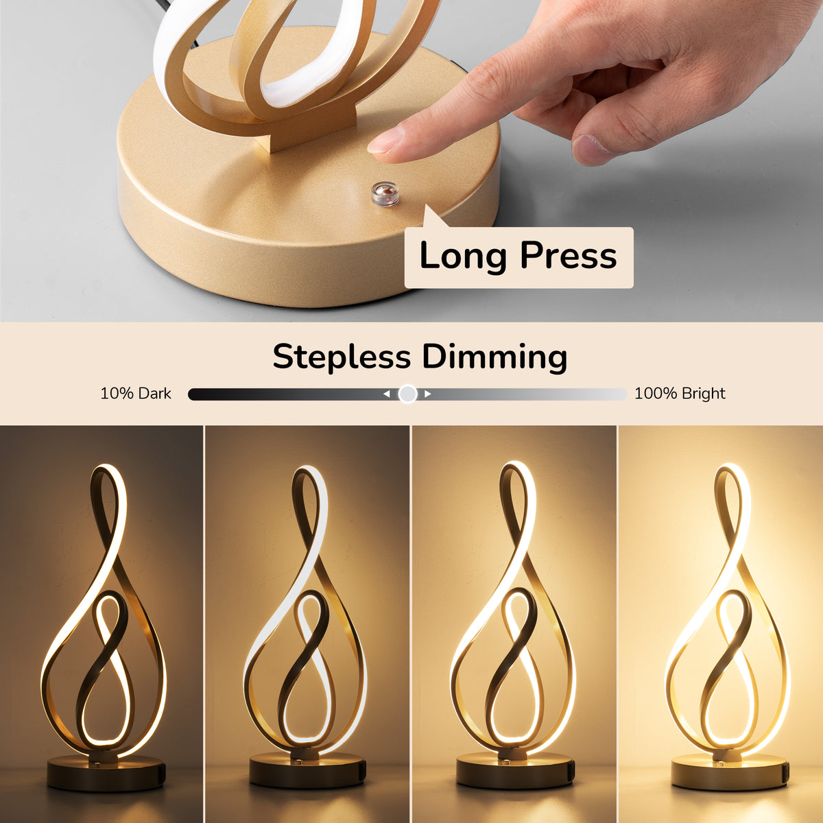 Gold Musical Note LED Table Lamp with USB & Type-C (2 Pack)
