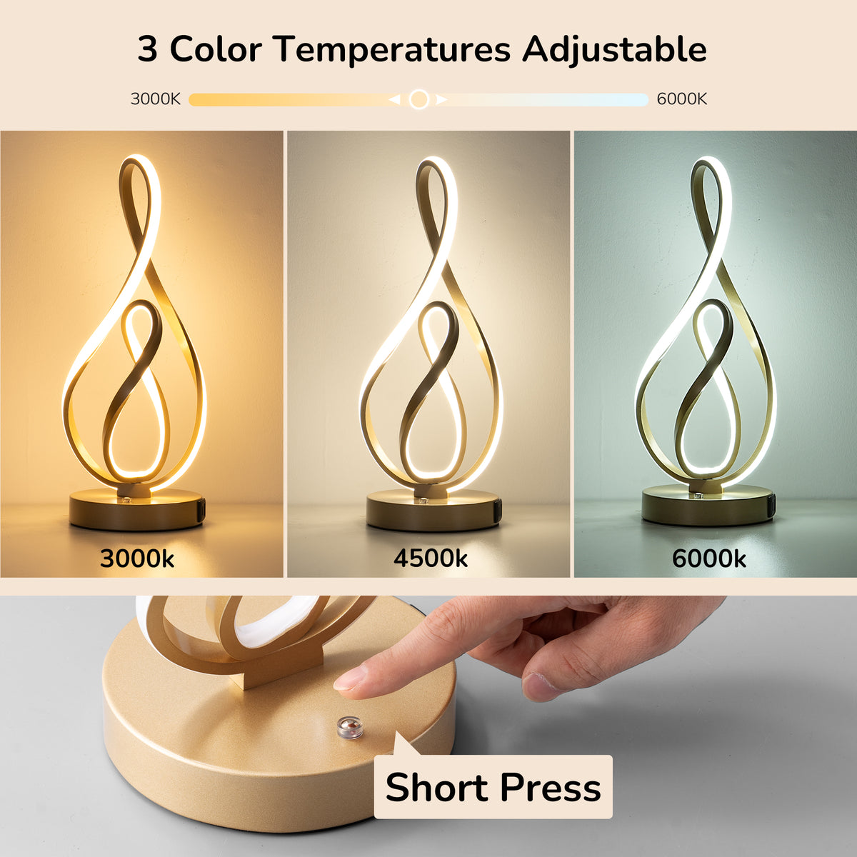 Gold Musical Note LED Table Lamp with USB & Type-C (2 Pack)