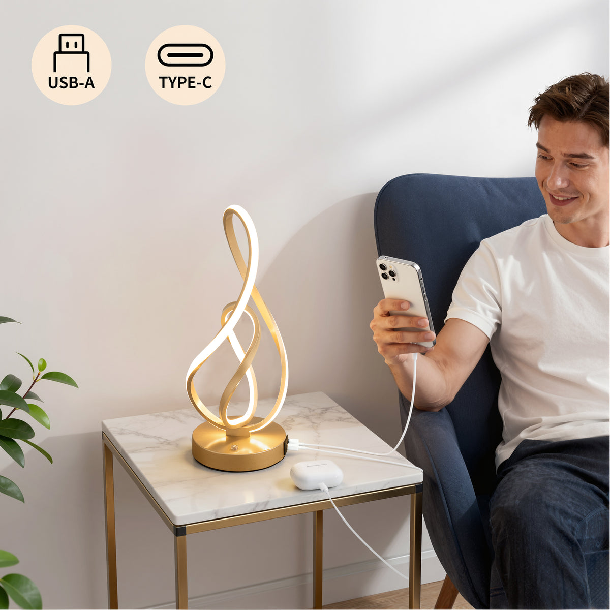 Gold Musical Note LED Table Lamp with USB & Type-C (2 Pack)