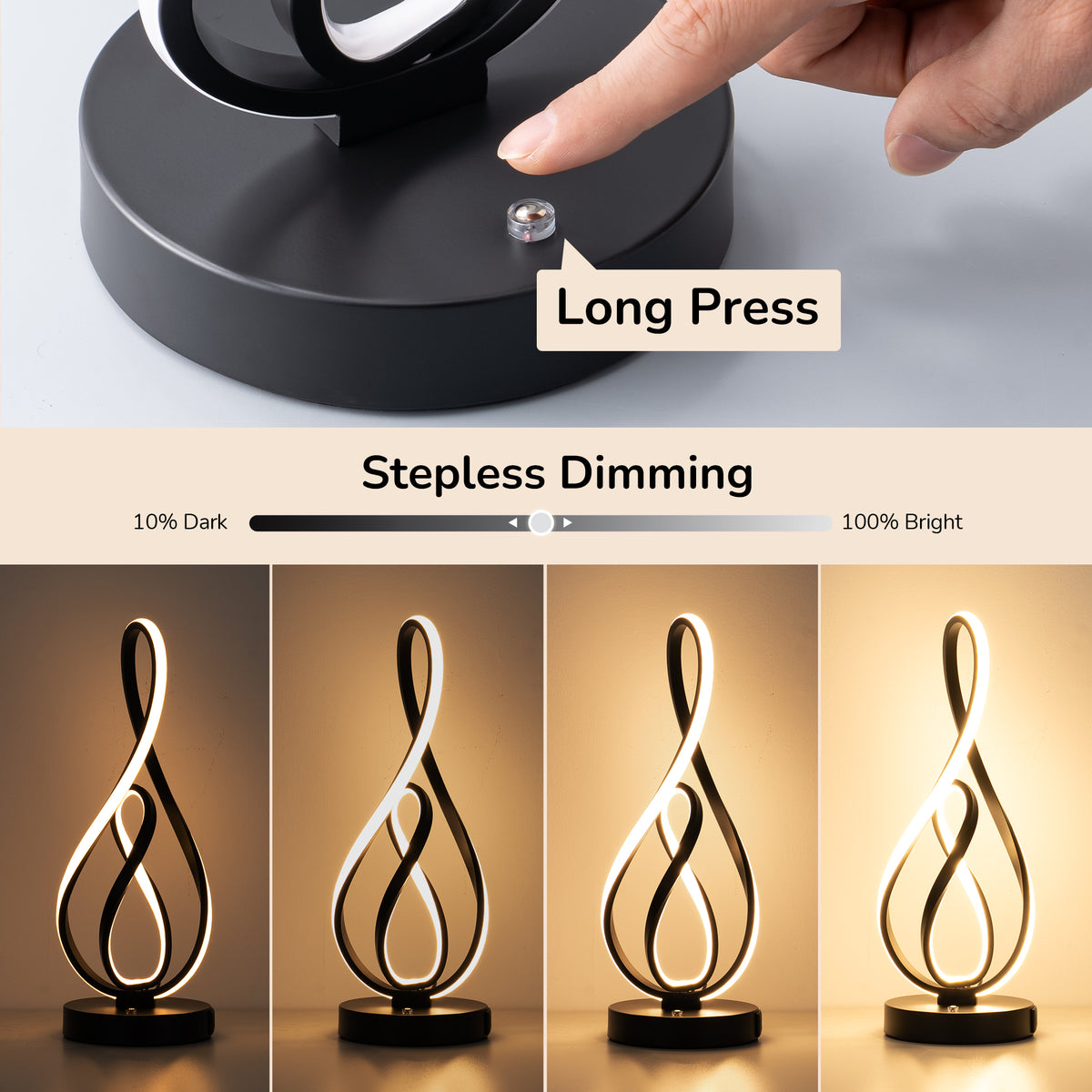 Black Musical Note LED Table Lamp with USB & Type-C (2 Pack)