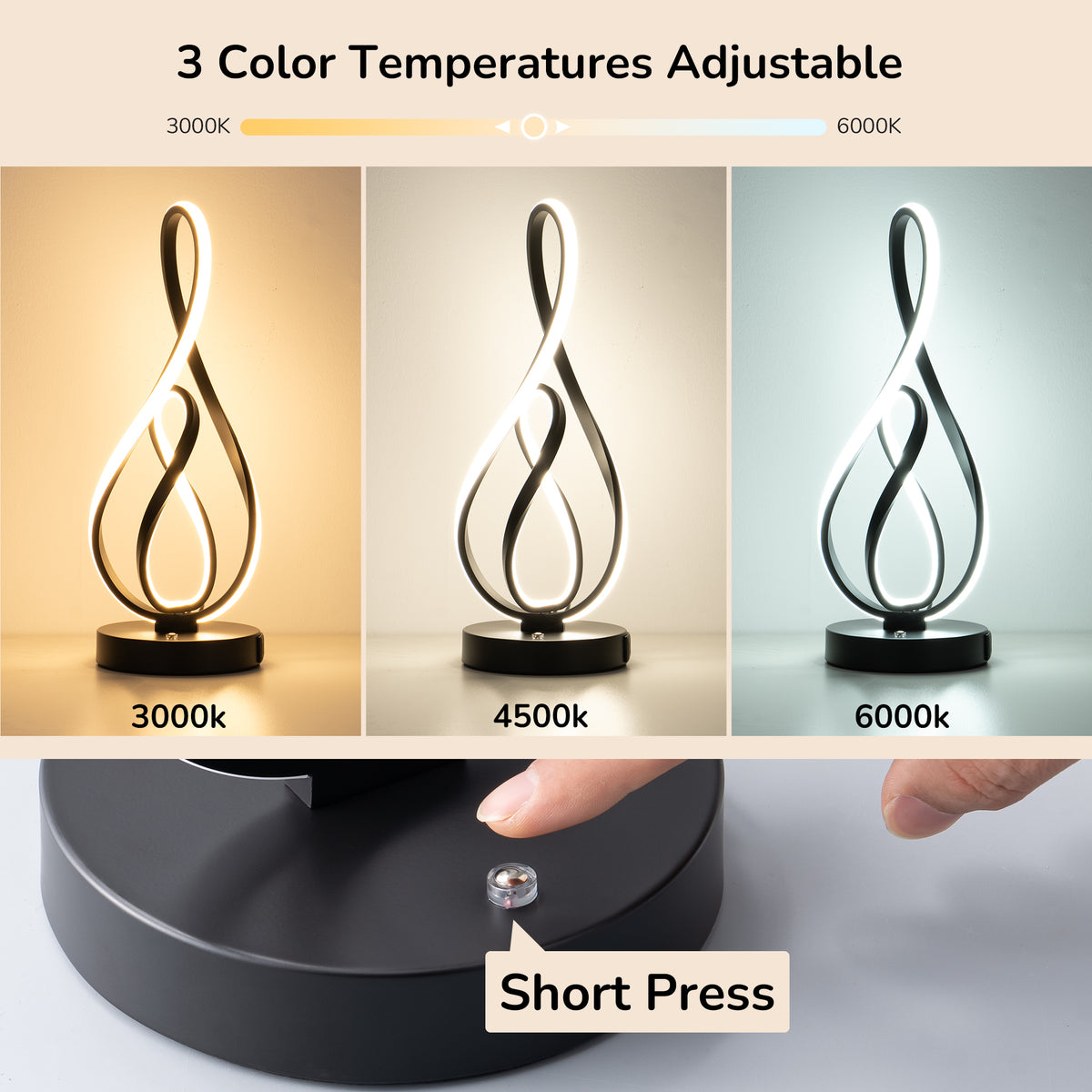 Black Musical Note LED Table Lamp with USB & Type-C (2 Pack)