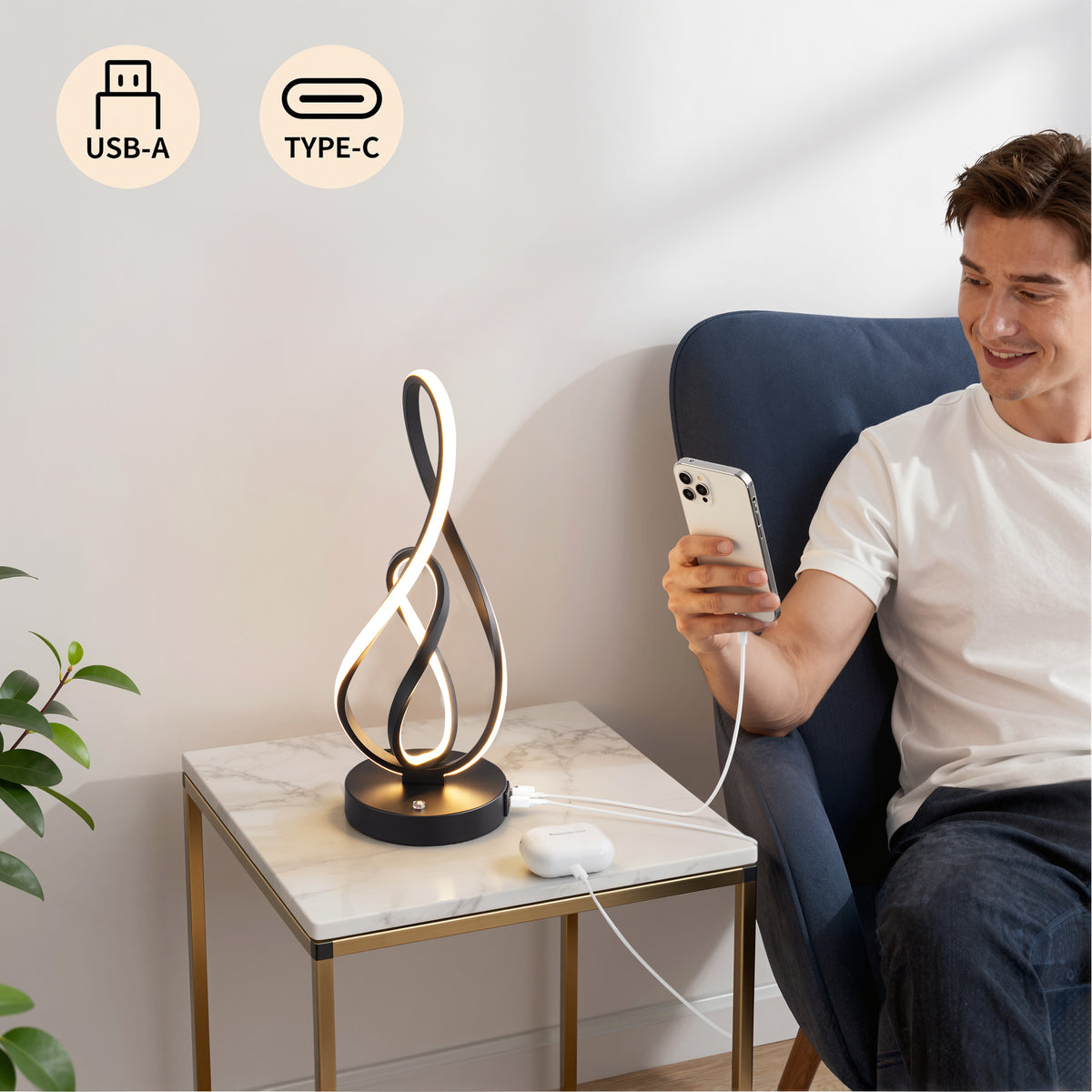 Black Musical Note LED Table Lamp with USB & Type-C (2 Pack)