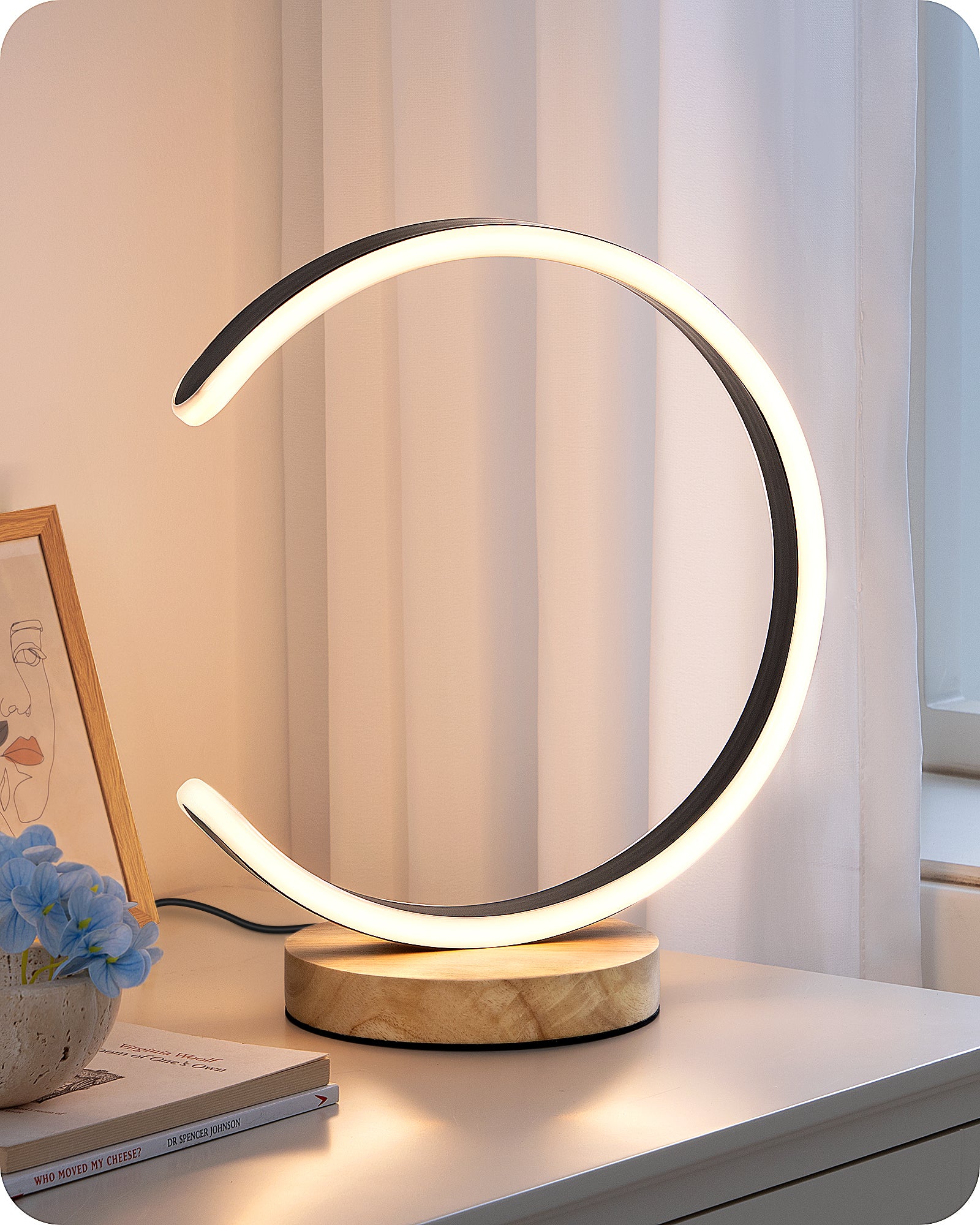 Modern C-Shaped LED Table Lamp with Solid Wood Base