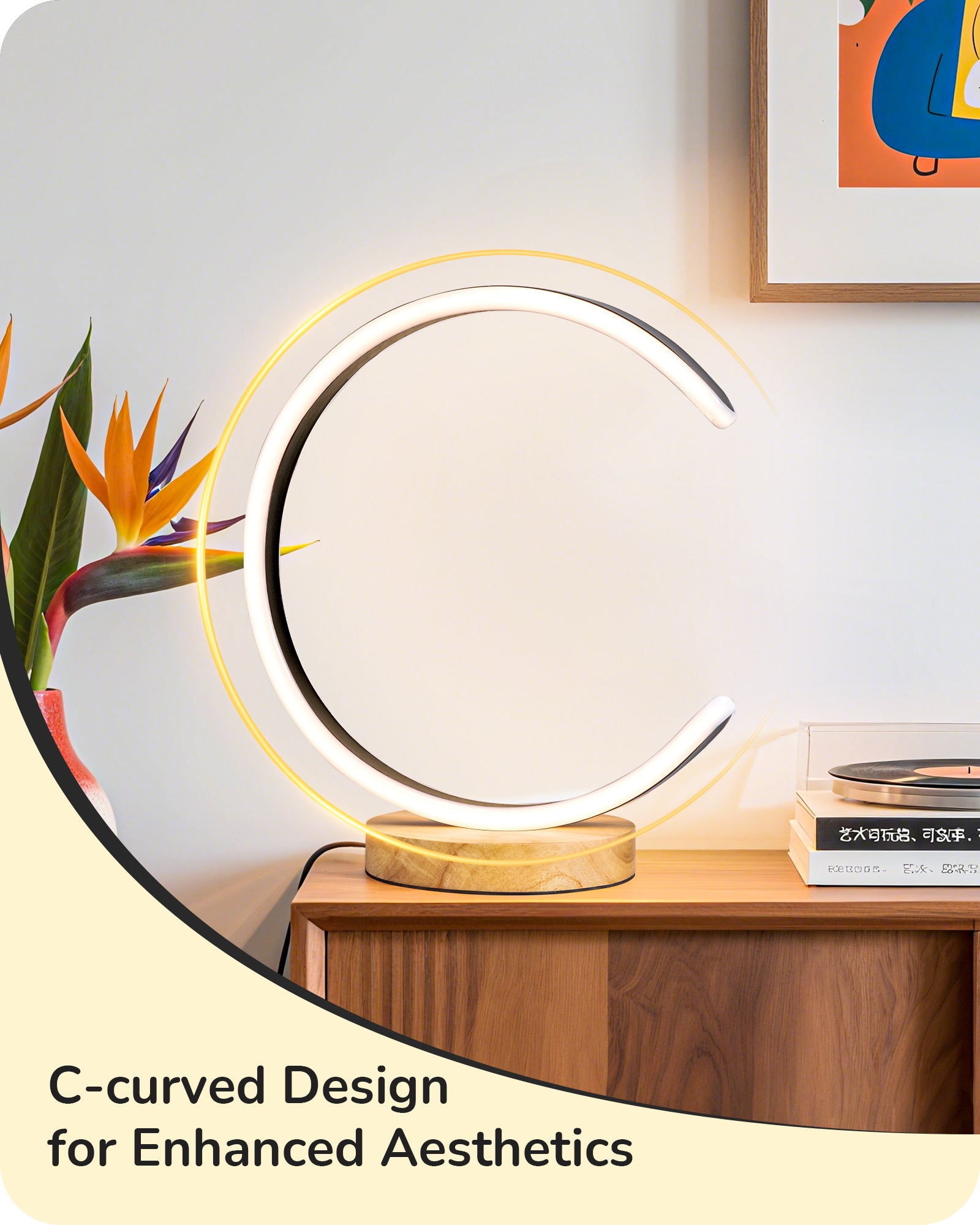 Modern C-Shaped LED Table Lamp with Solid Wood Base