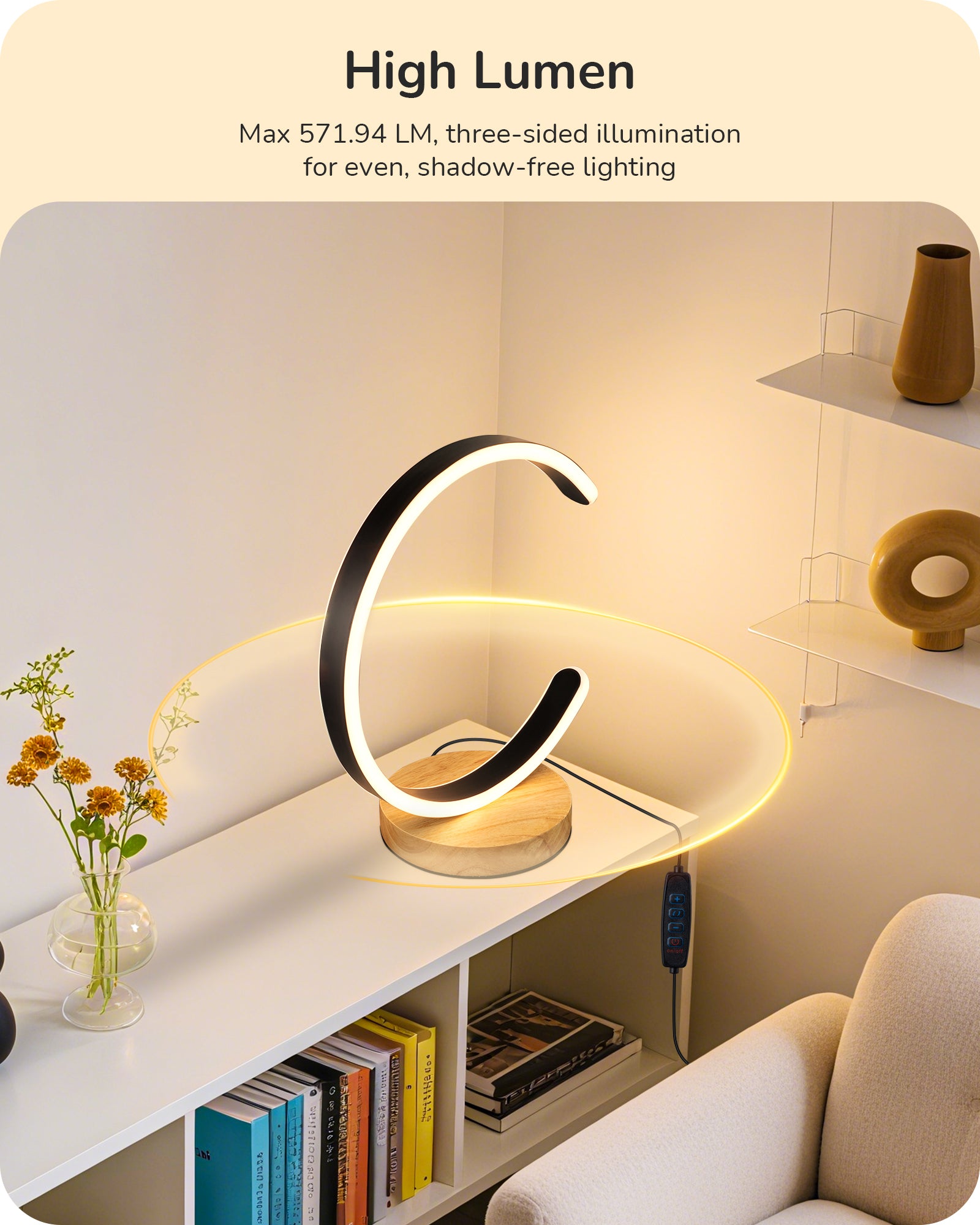 Modern C-Shaped LED Table Lamp with Solid Wood Base