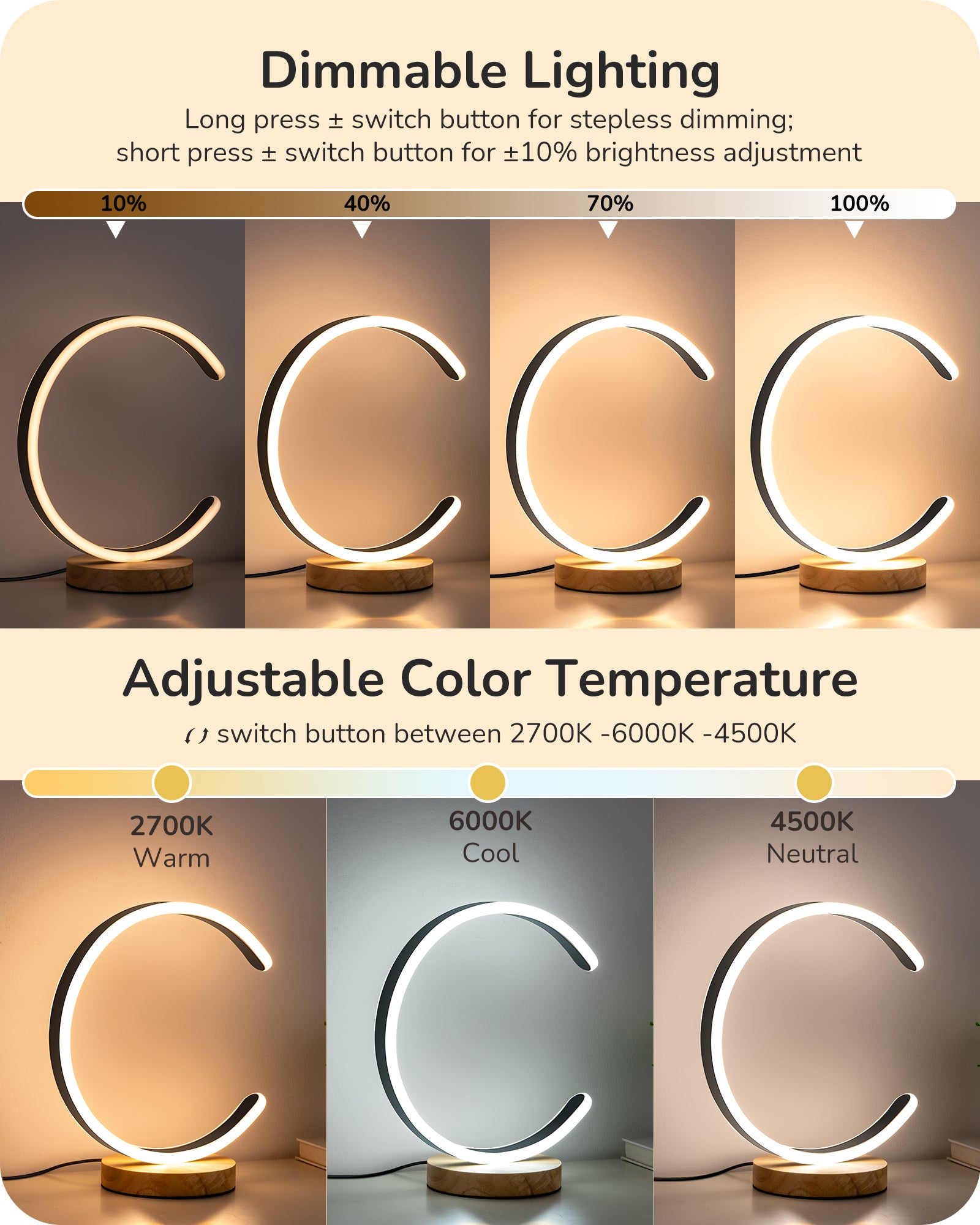 Modern C-Shaped LED Table Lamp with Solid Wood Base
