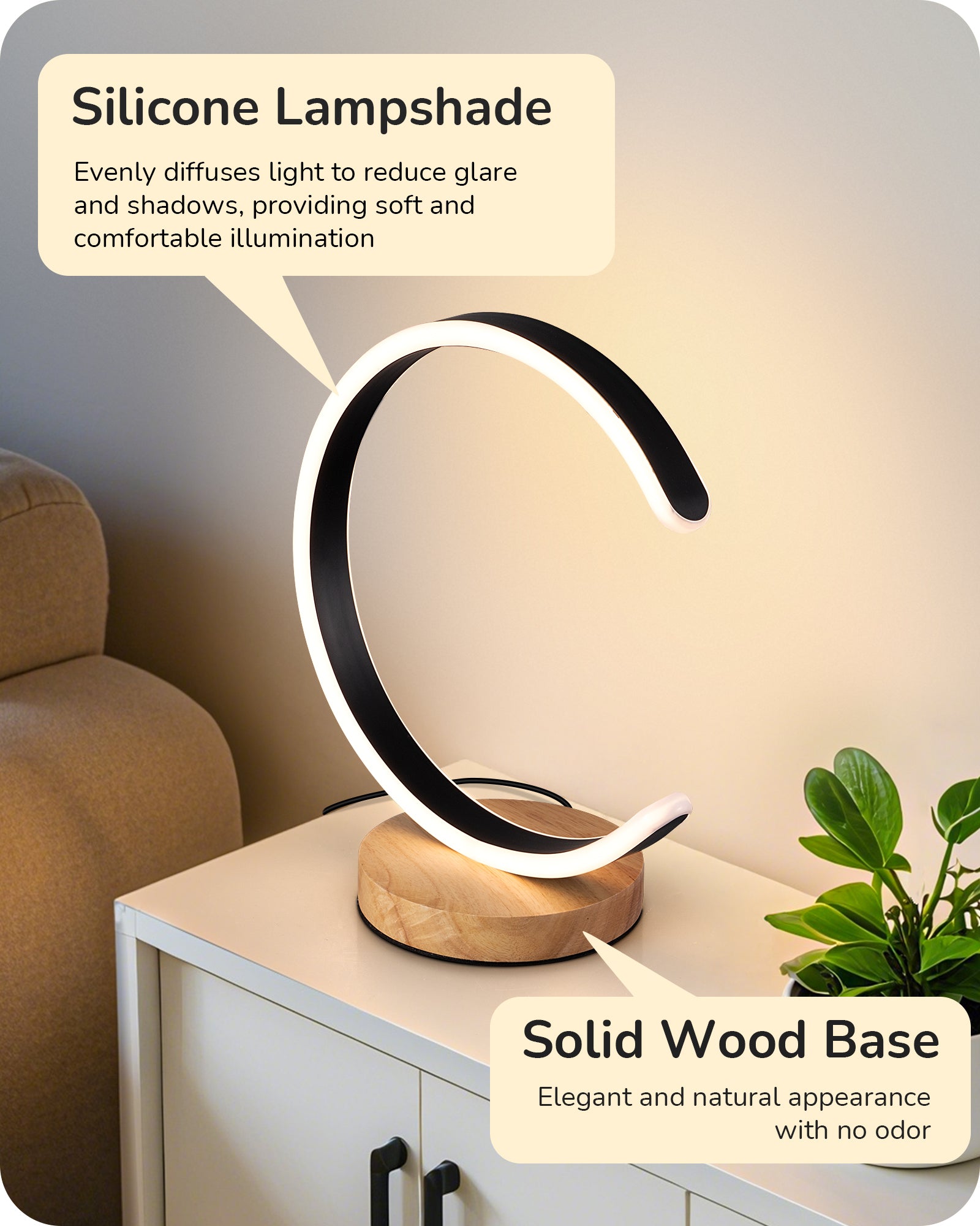 Modern C-Shaped LED Table Lamp with Solid Wood Base